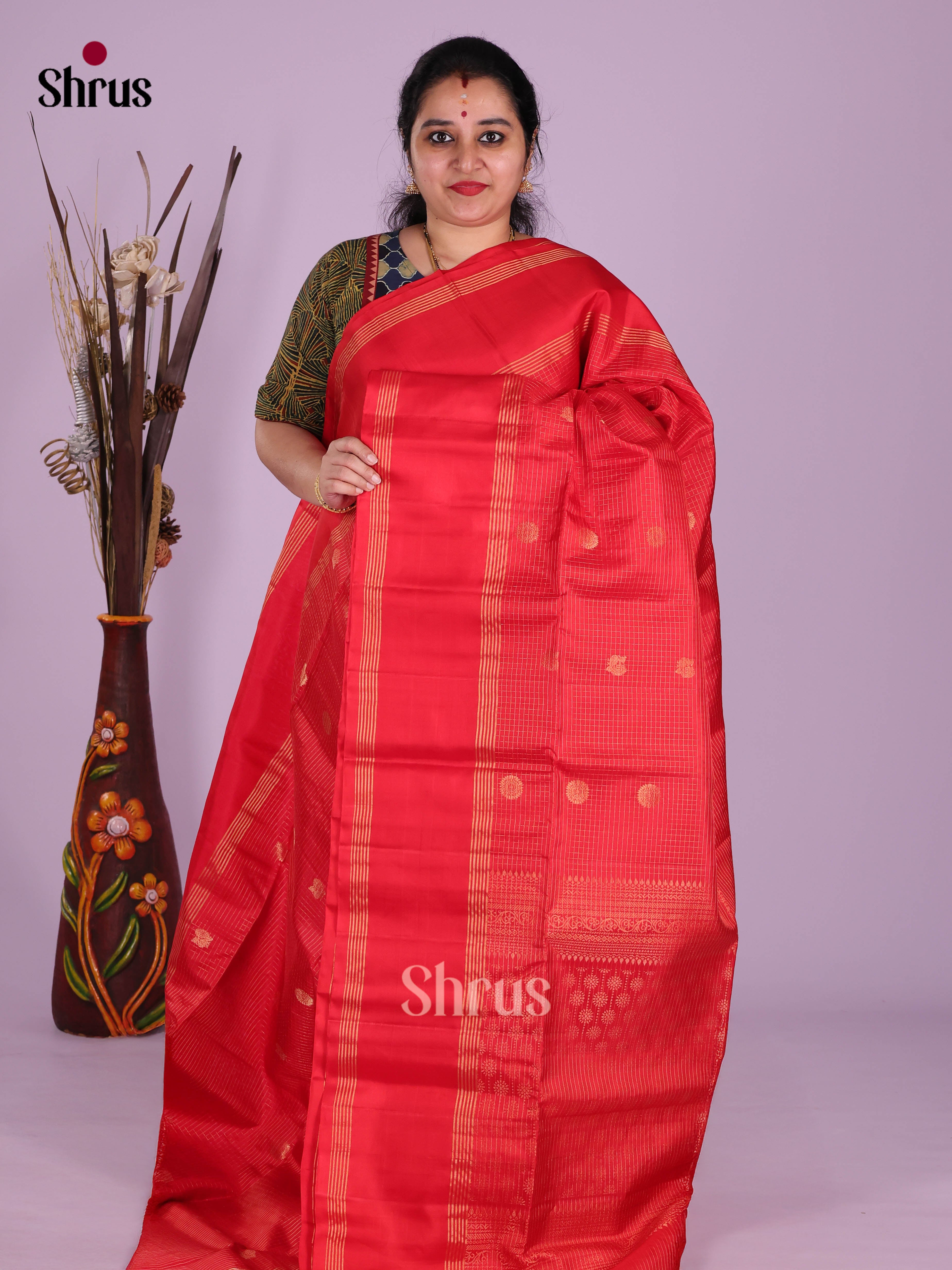 Beautiful Red single Tone Soft Silk Saree with zari buttas , vaira oosi stripes
