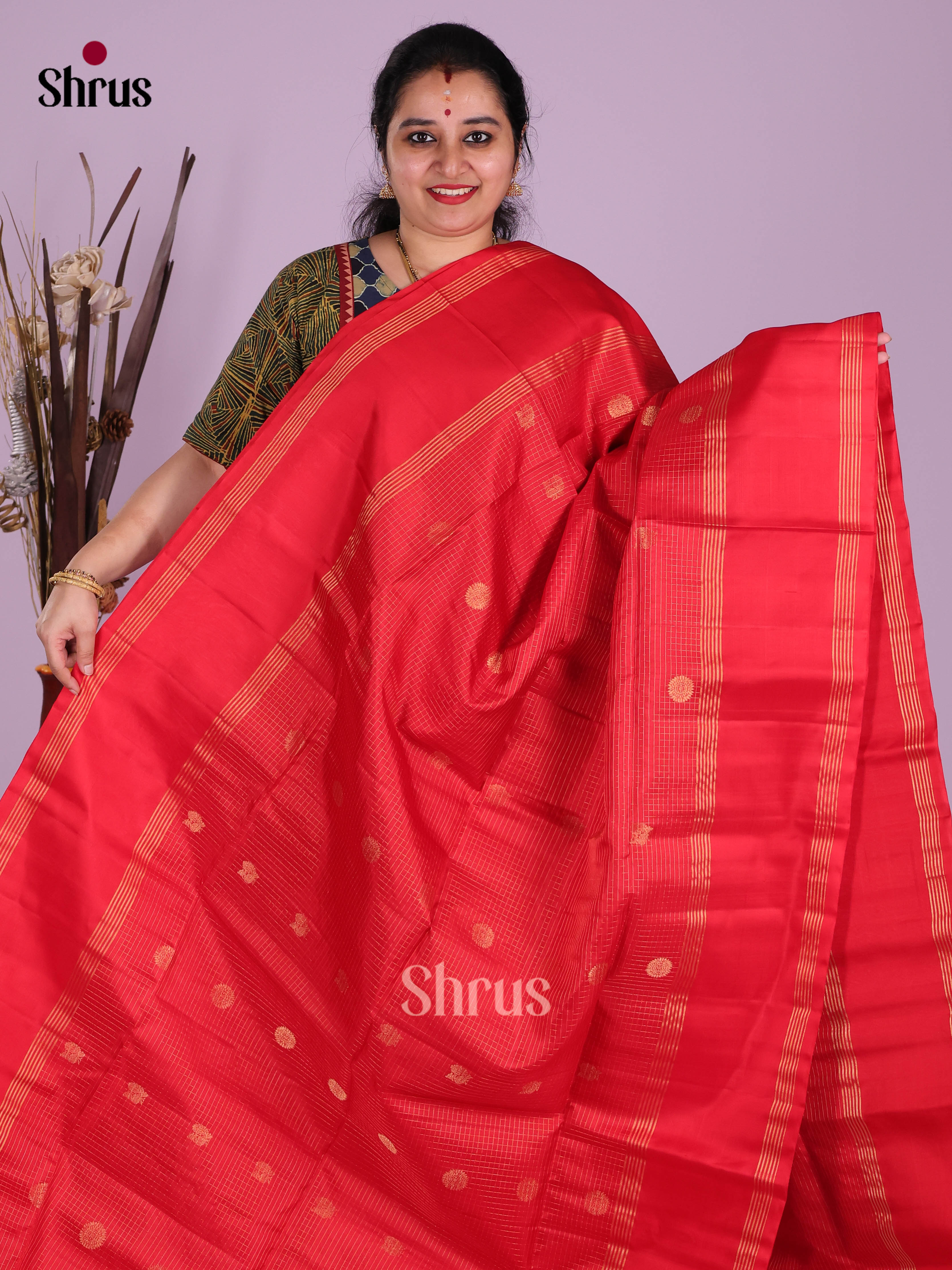 Beautiful Red single Tone Soft Silk Saree with zari buttas , vaira oosi stripes