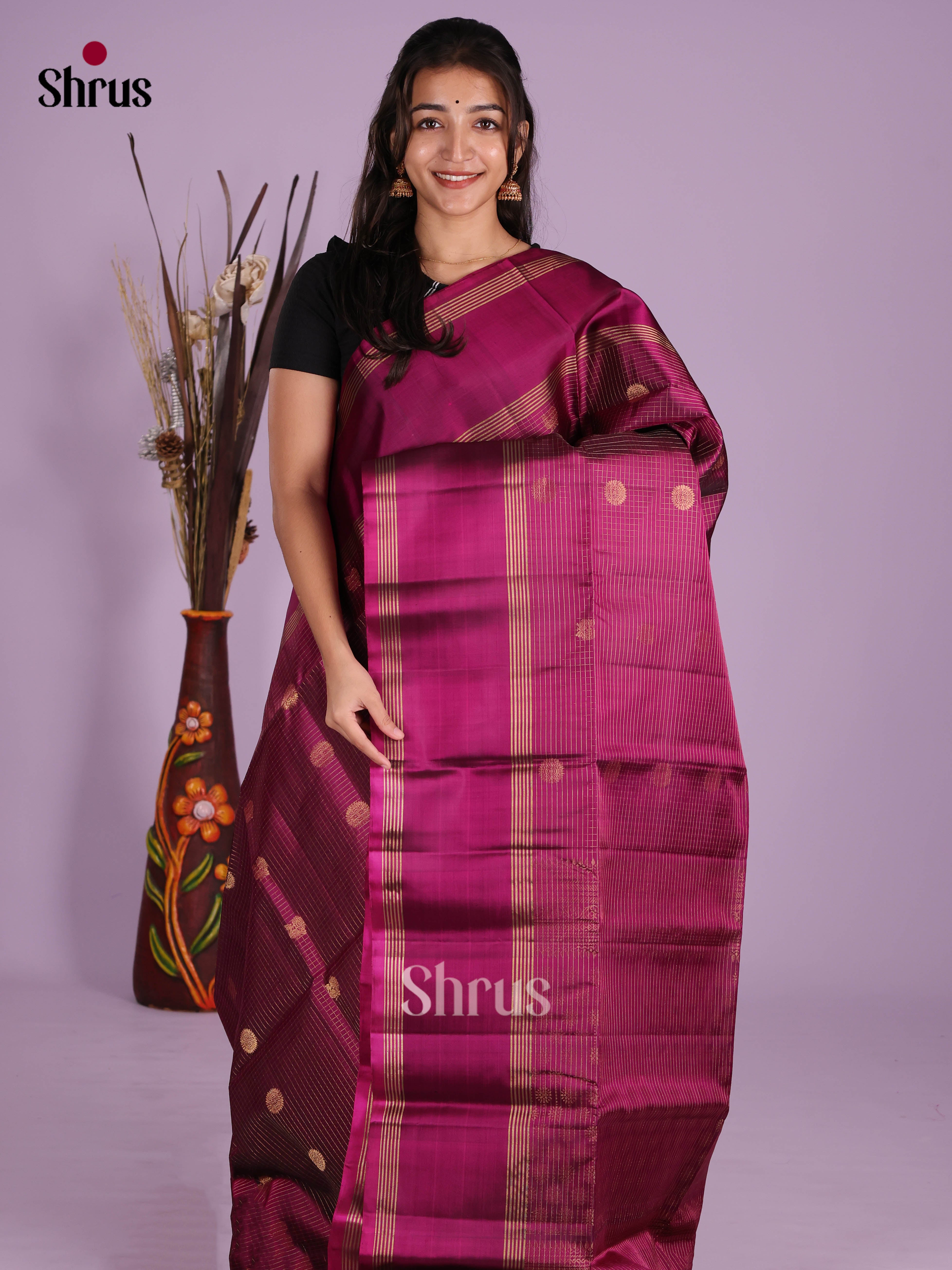 Splendid Maroon Soft Silk Saree with Zari Checks, Buttas & Rettaipet Border