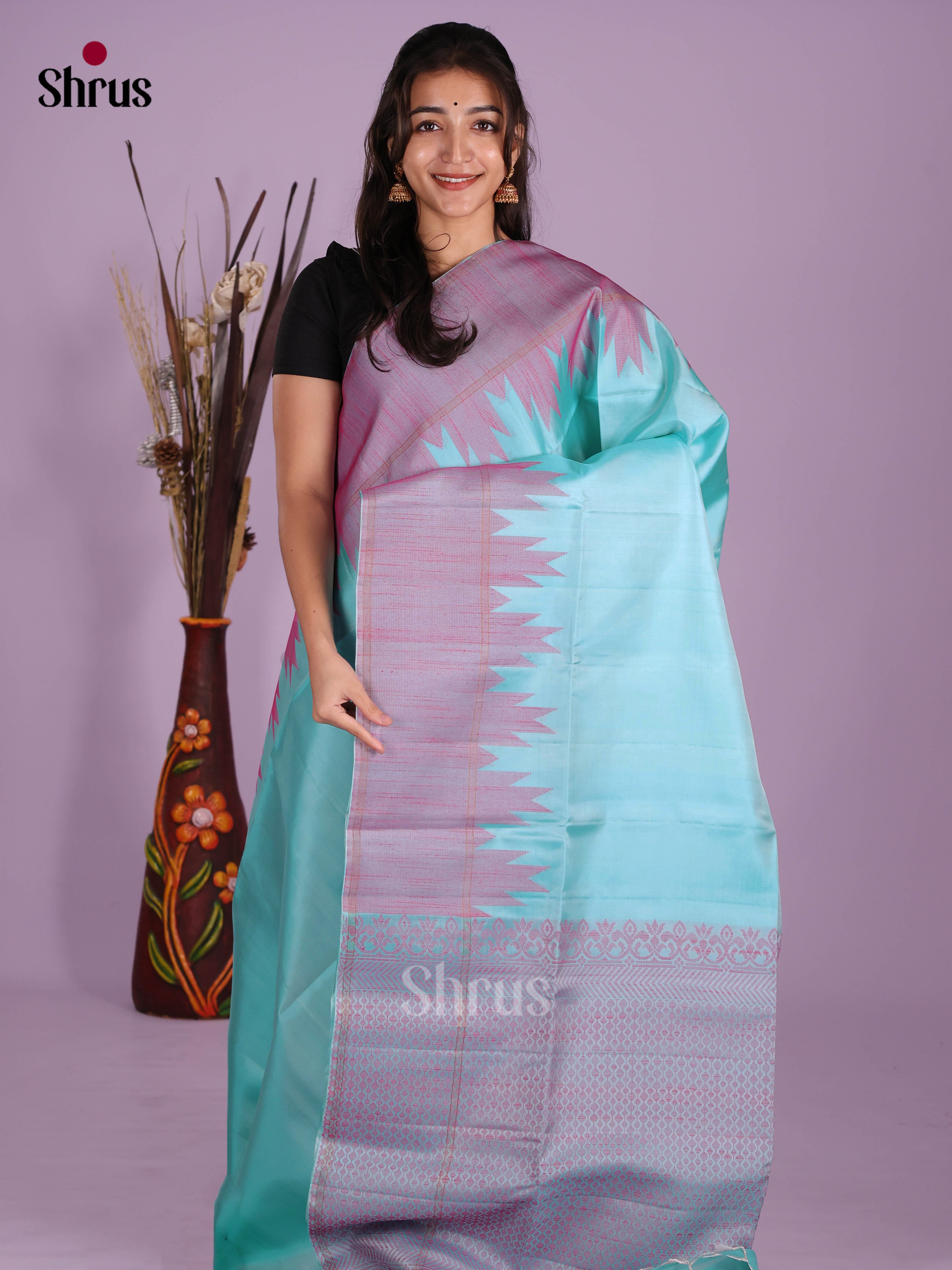Contemporary Sky Blue Soft Silk Saree With Pink Border & Thread Woven Pallu
