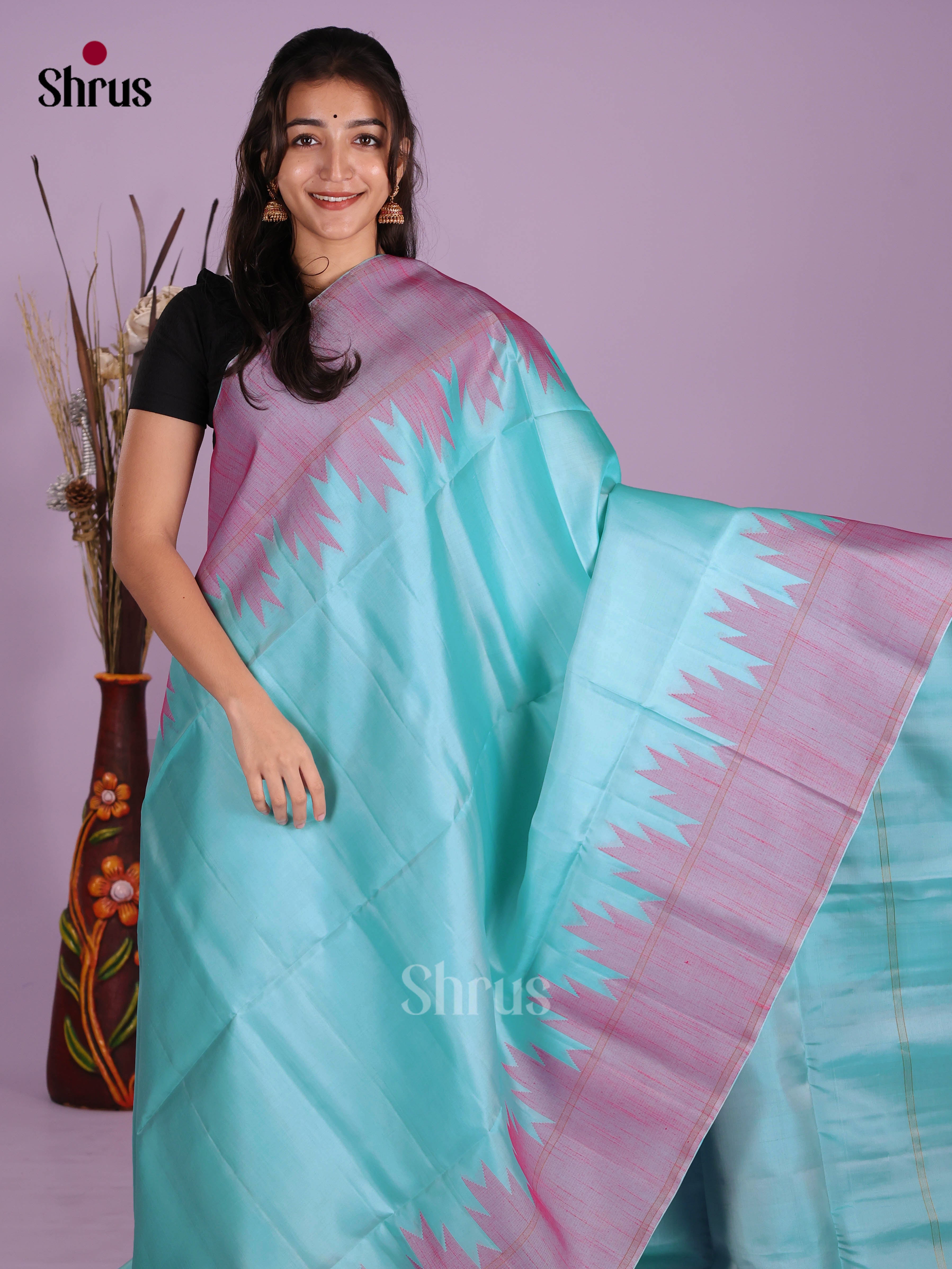 Contemporary Sky Blue Soft Silk Saree With Pink Border & Thread Woven Pallu