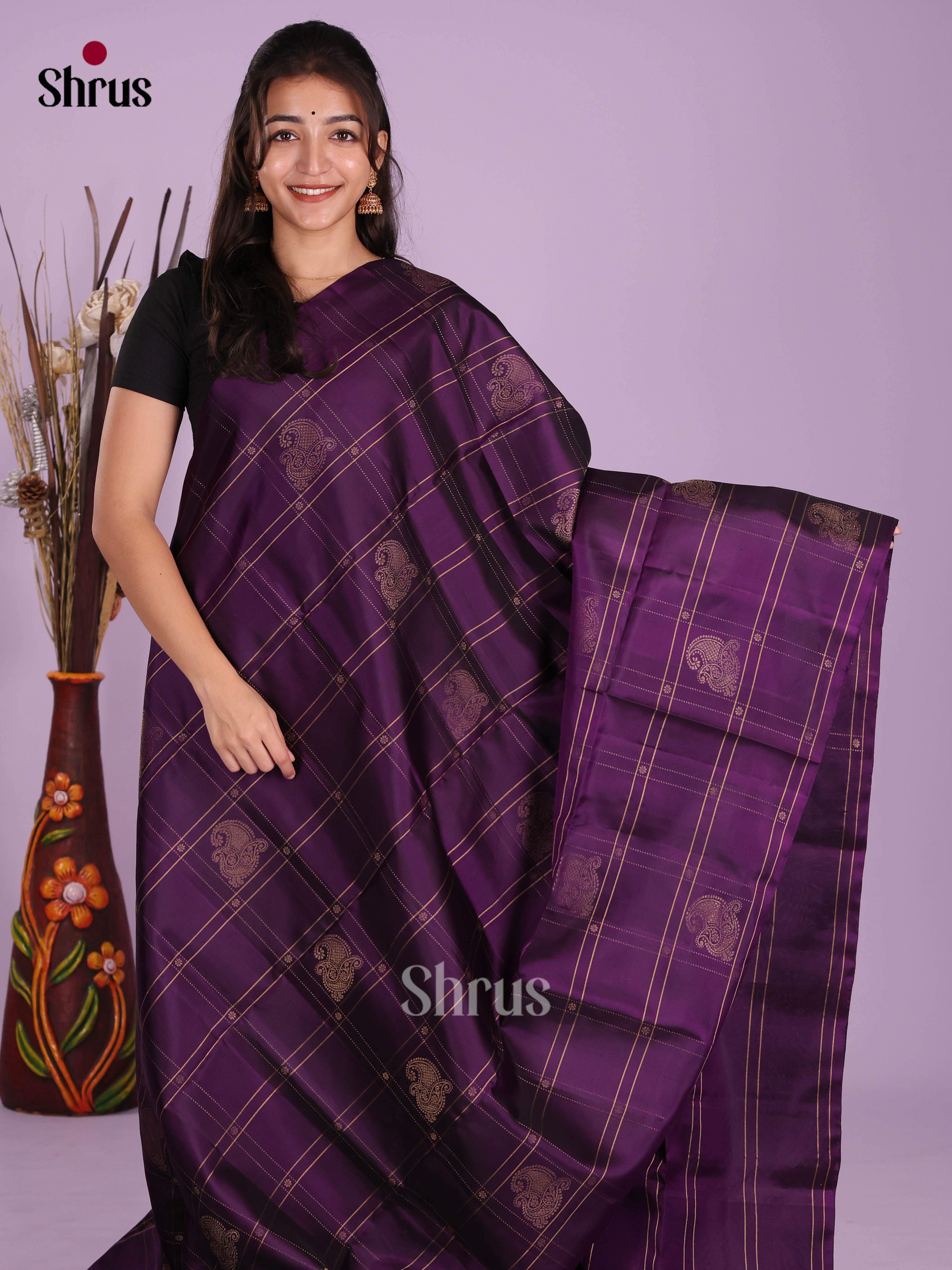 Exquisite Violet Soft Silk Saree with zari checks & floral buttas