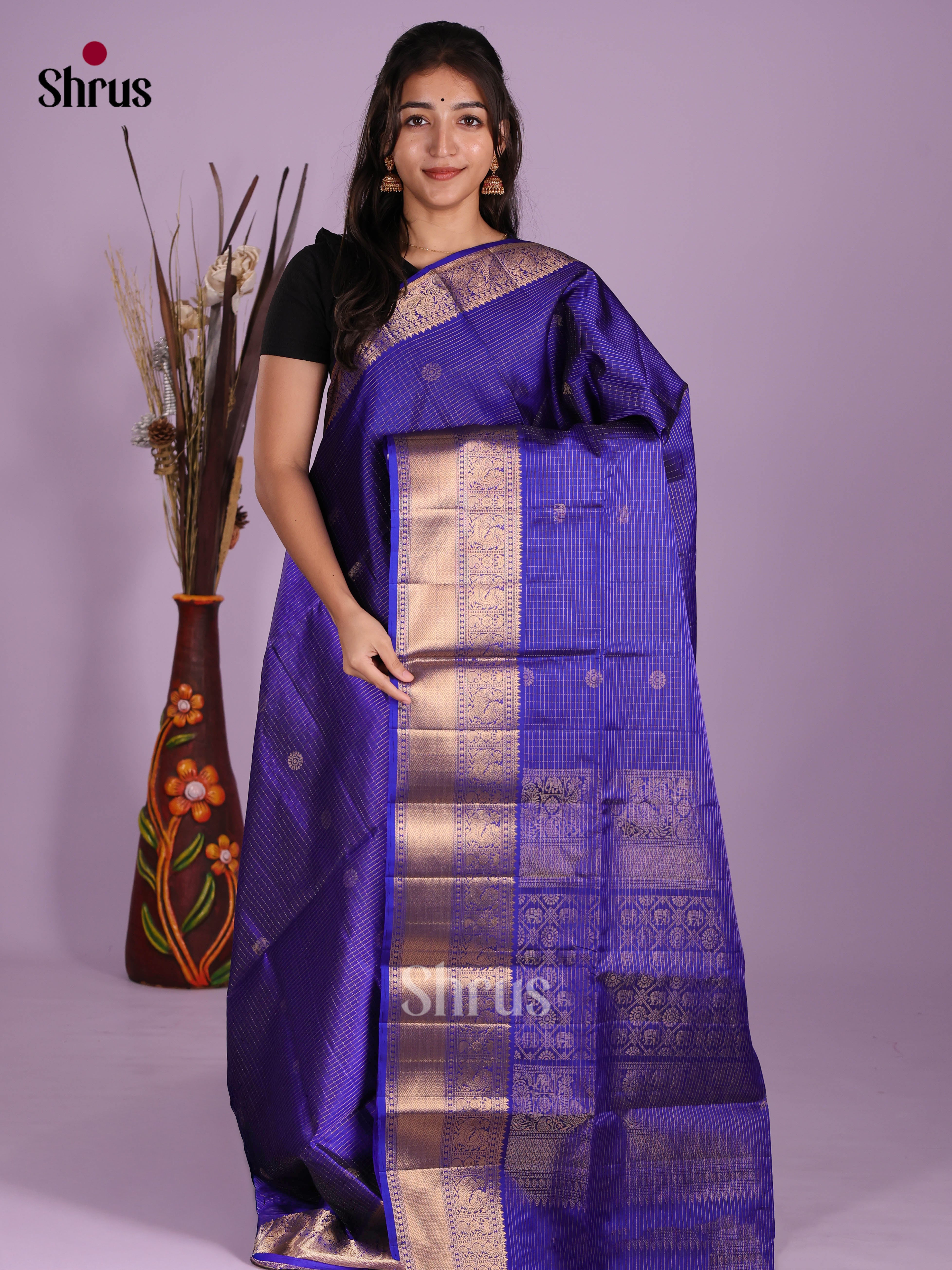 Chic Blue Soft Silk  Saree with zari buttas, vaira oosi checks , traditional border