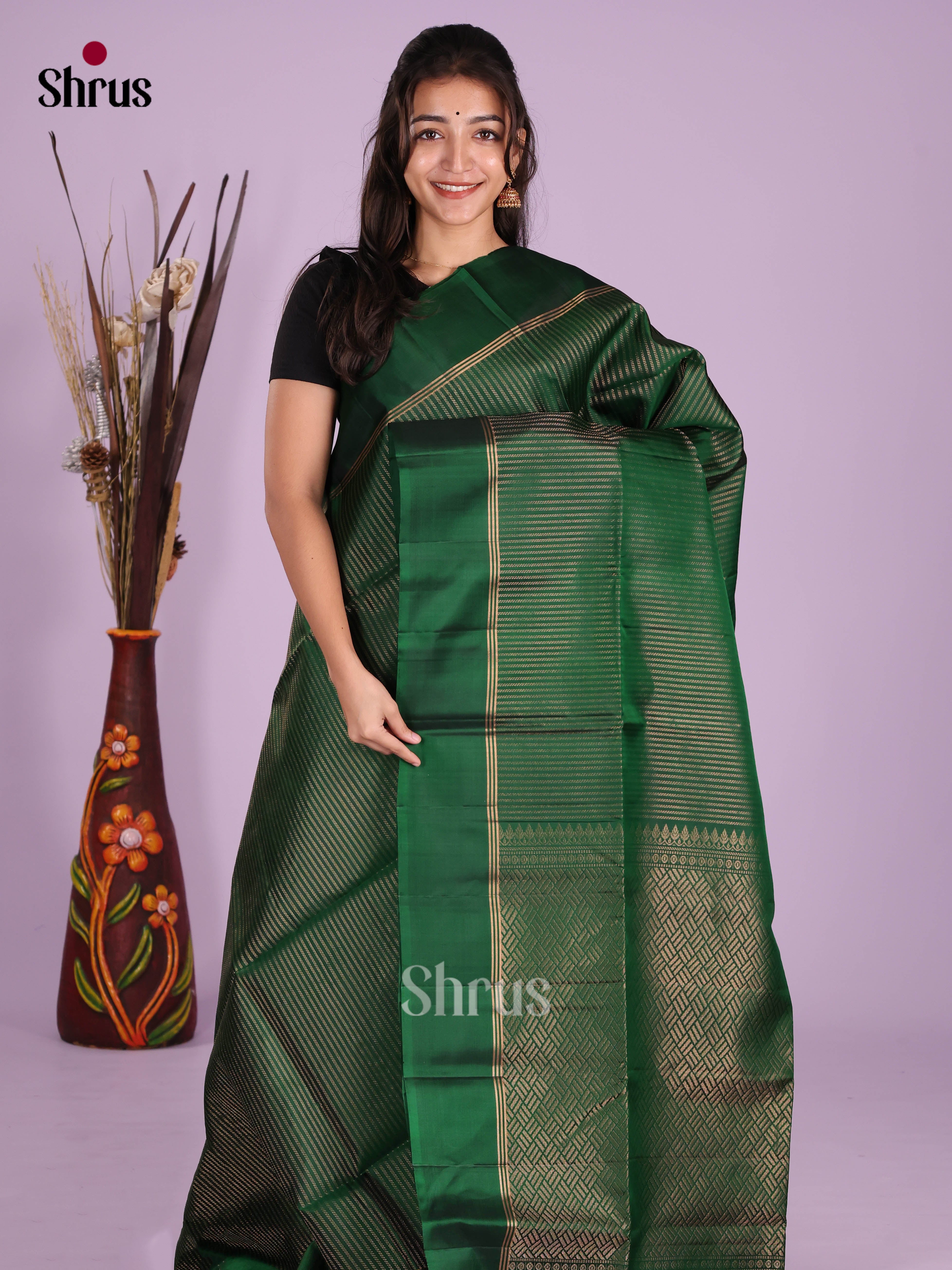 Classic Green single tone Soft Silk  Saree with zari stripes & Brocade pallu
