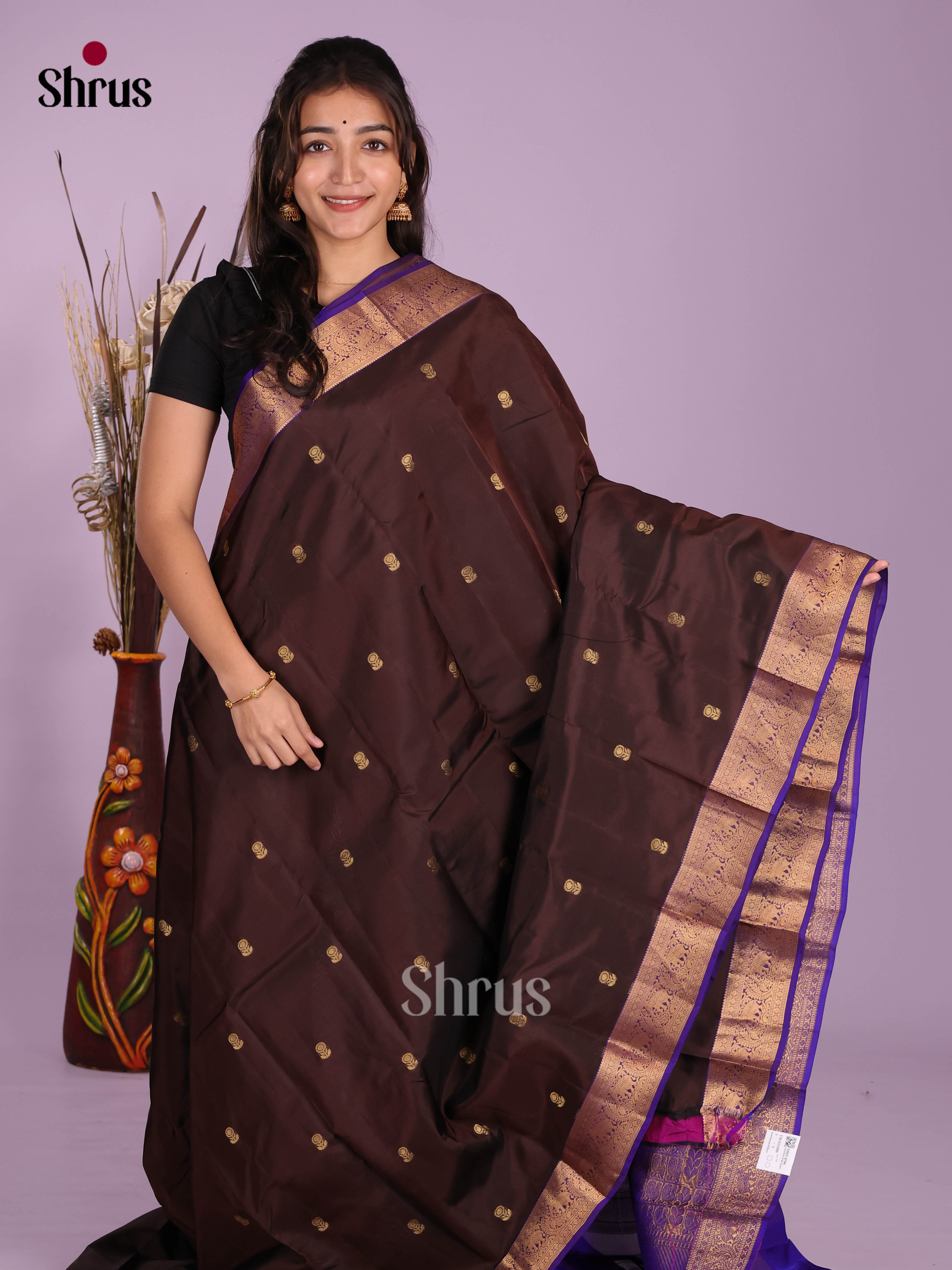 Brown & Blue- Kanchipuram-halfpure Saree