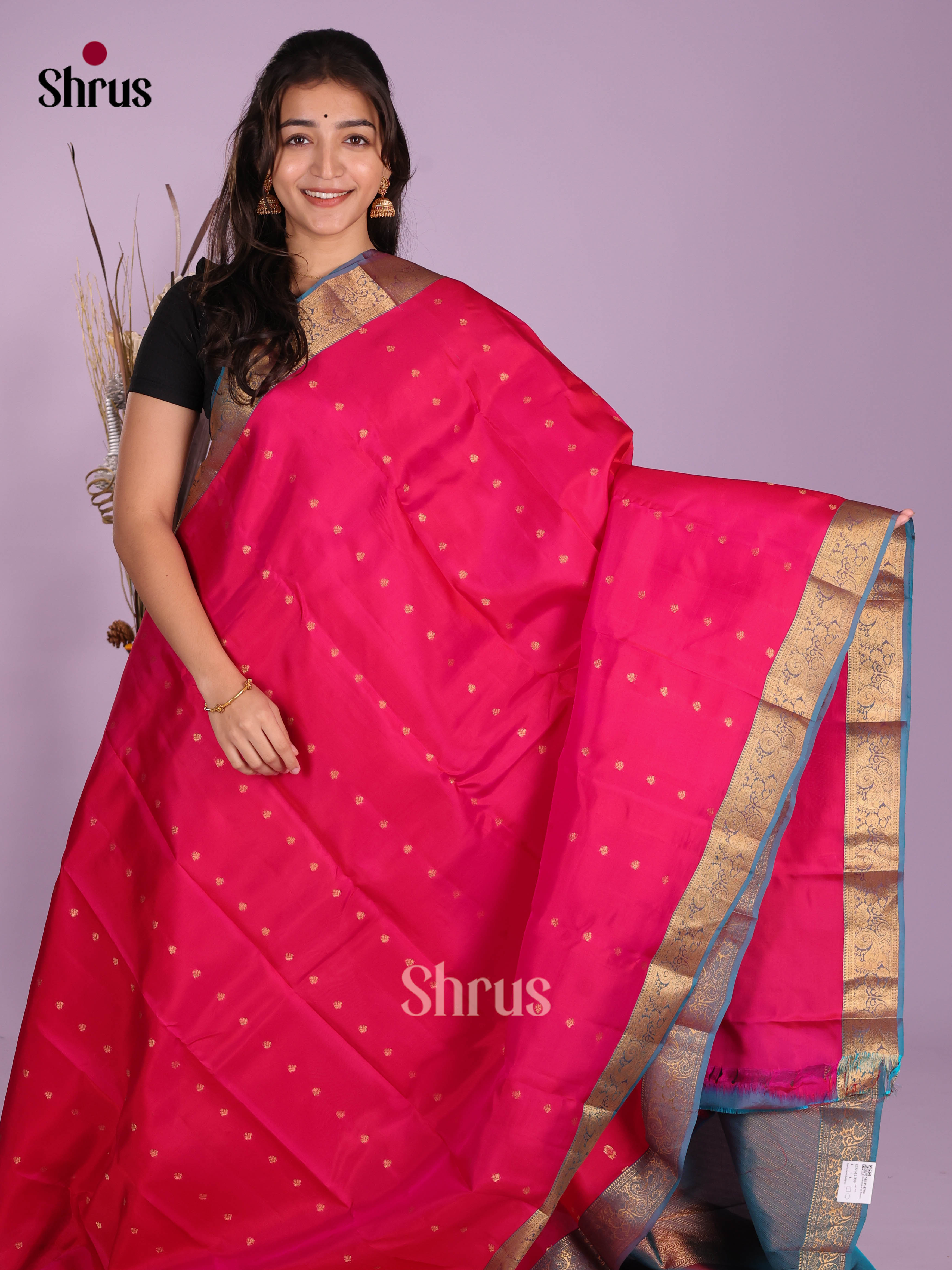 Pink & Blue- Kanchipuram-halfpure Saree - Shop on Shrus.com
