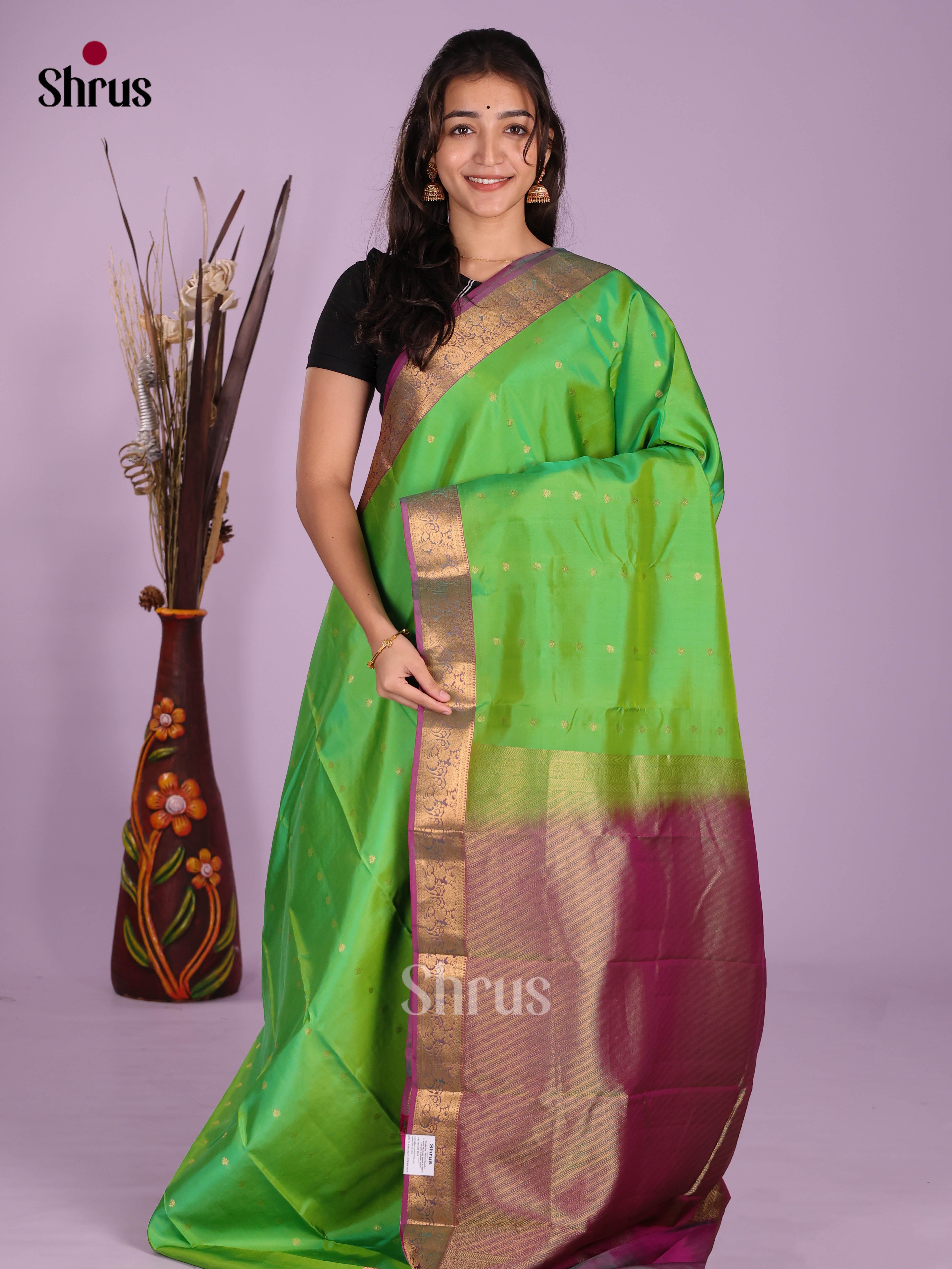 Green & Purple- Kanchipuram-halfpure Saree - Shop on Shrus.com