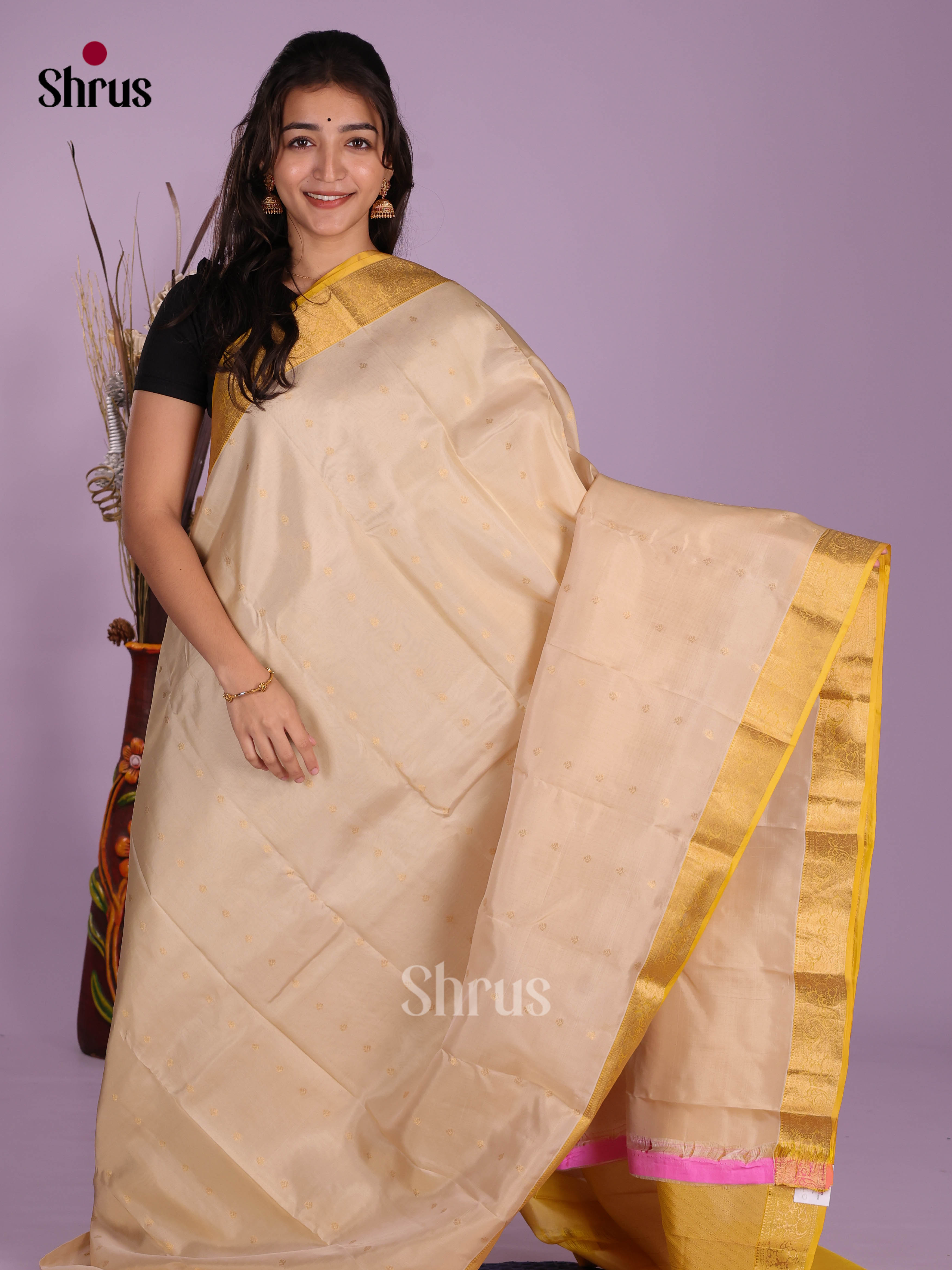 Cream & Yellow - Kanchipuram-halfpure Saree - Shop on Shrus.com