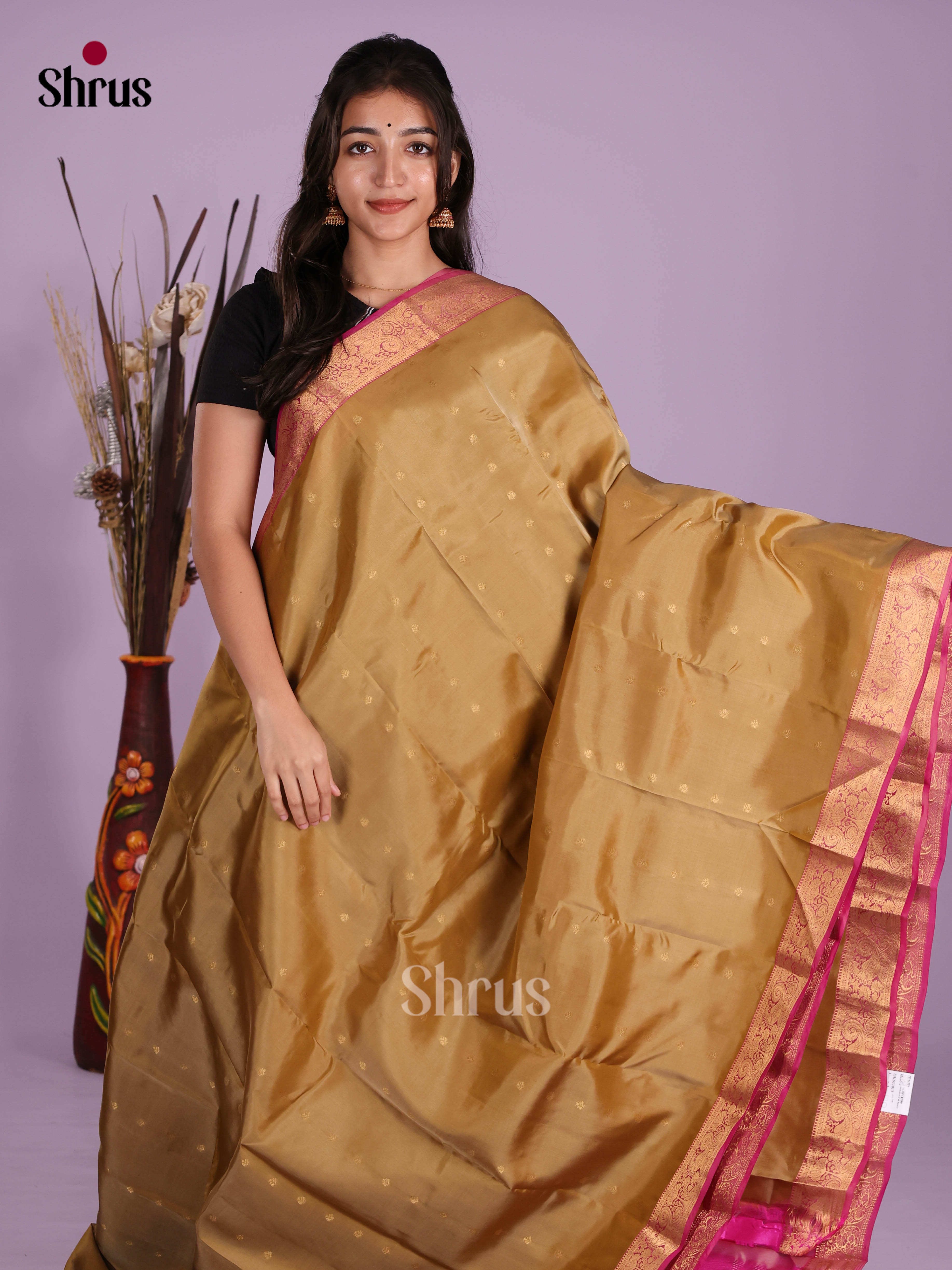 Beige & Pink - Kanchipuram-halfpure Saree