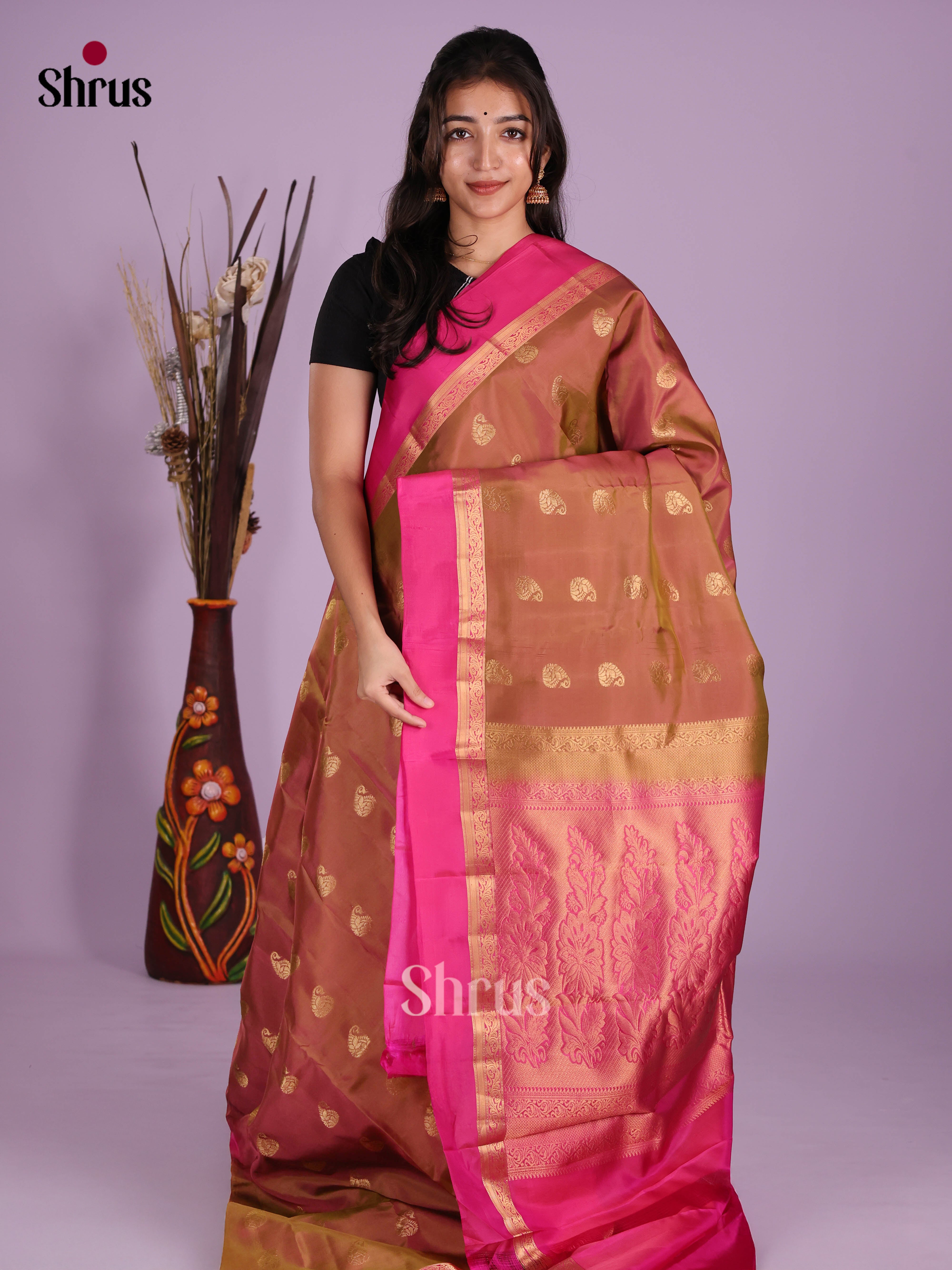 Brown & Pink - Kanchipuram-halfpure Saree