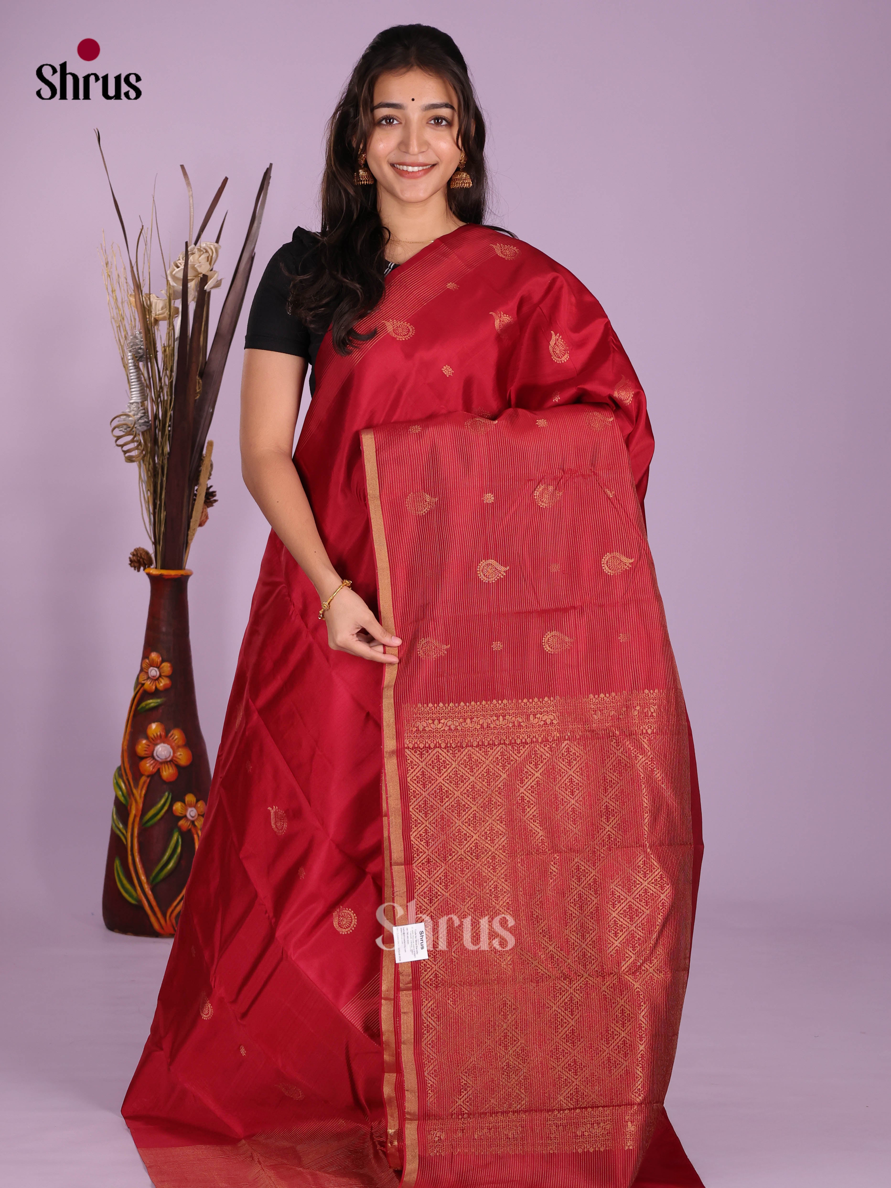 Red(Single Tone)- Kanchipuram-halfpure Saree - Shop on Shrus.com