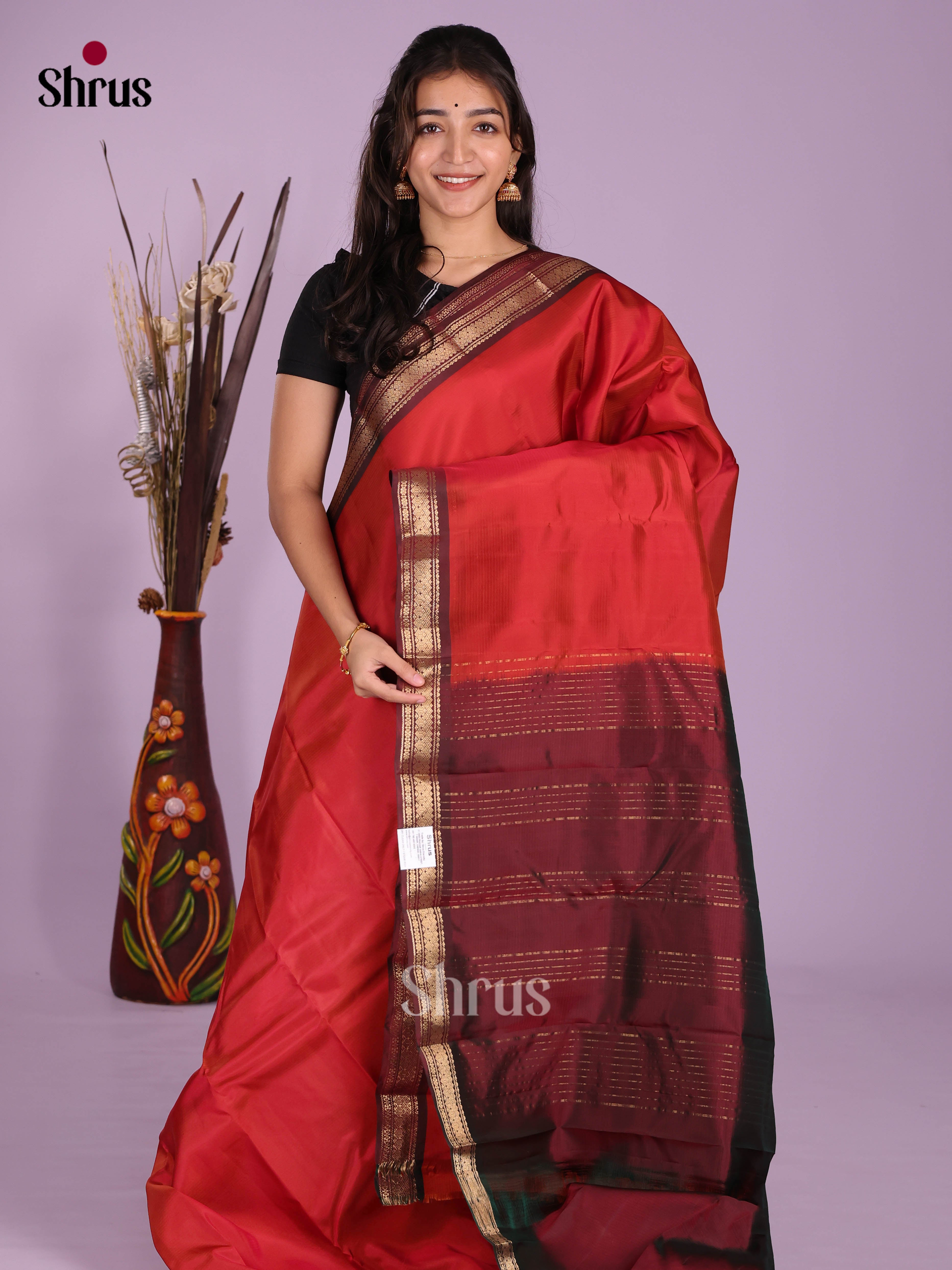 red & Maroon - Kanchipuram-halfpure Saree - Shop on Shrus.com