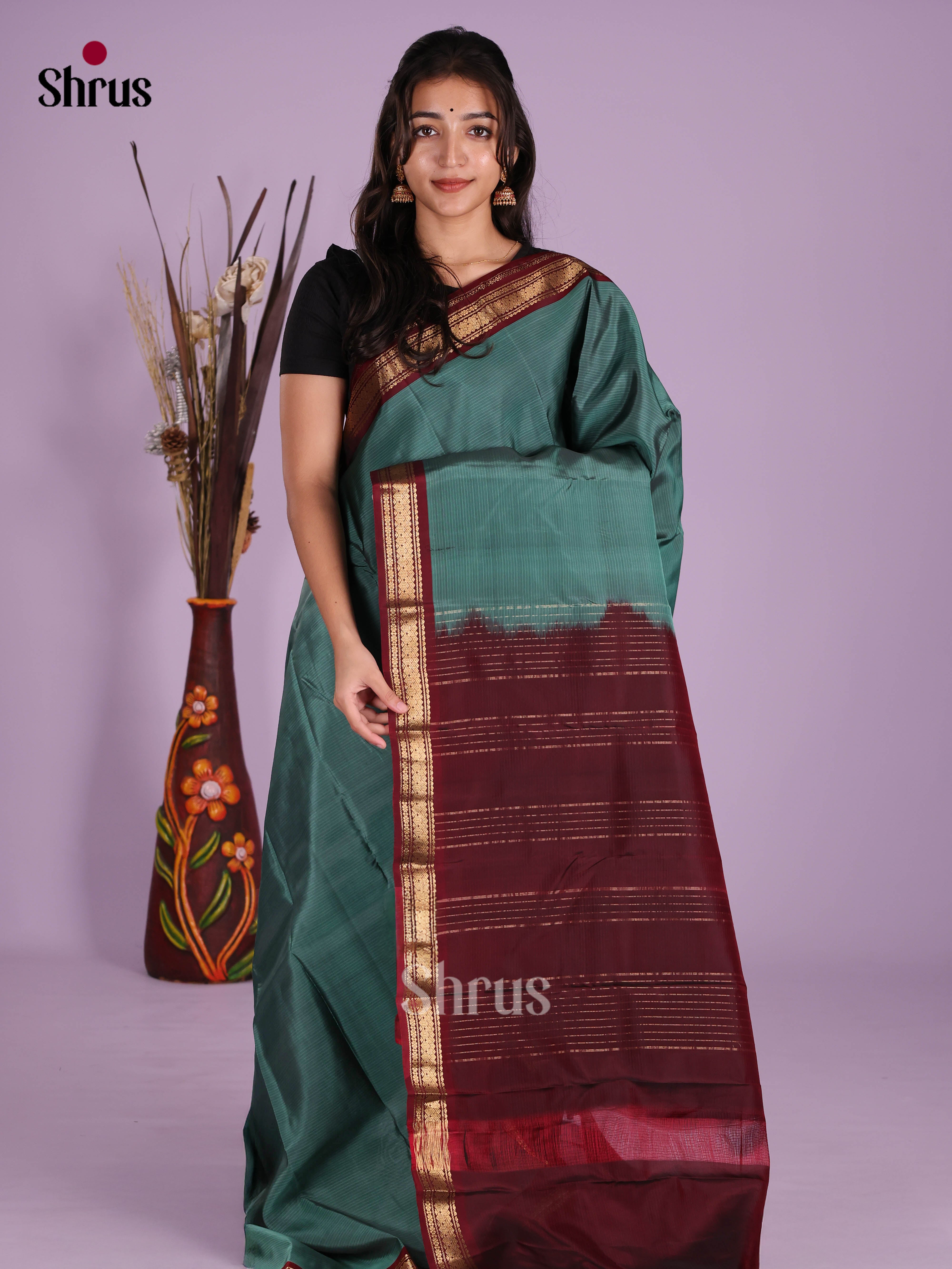 Blue & Maroon - Kanchipuram-halfpure Saree