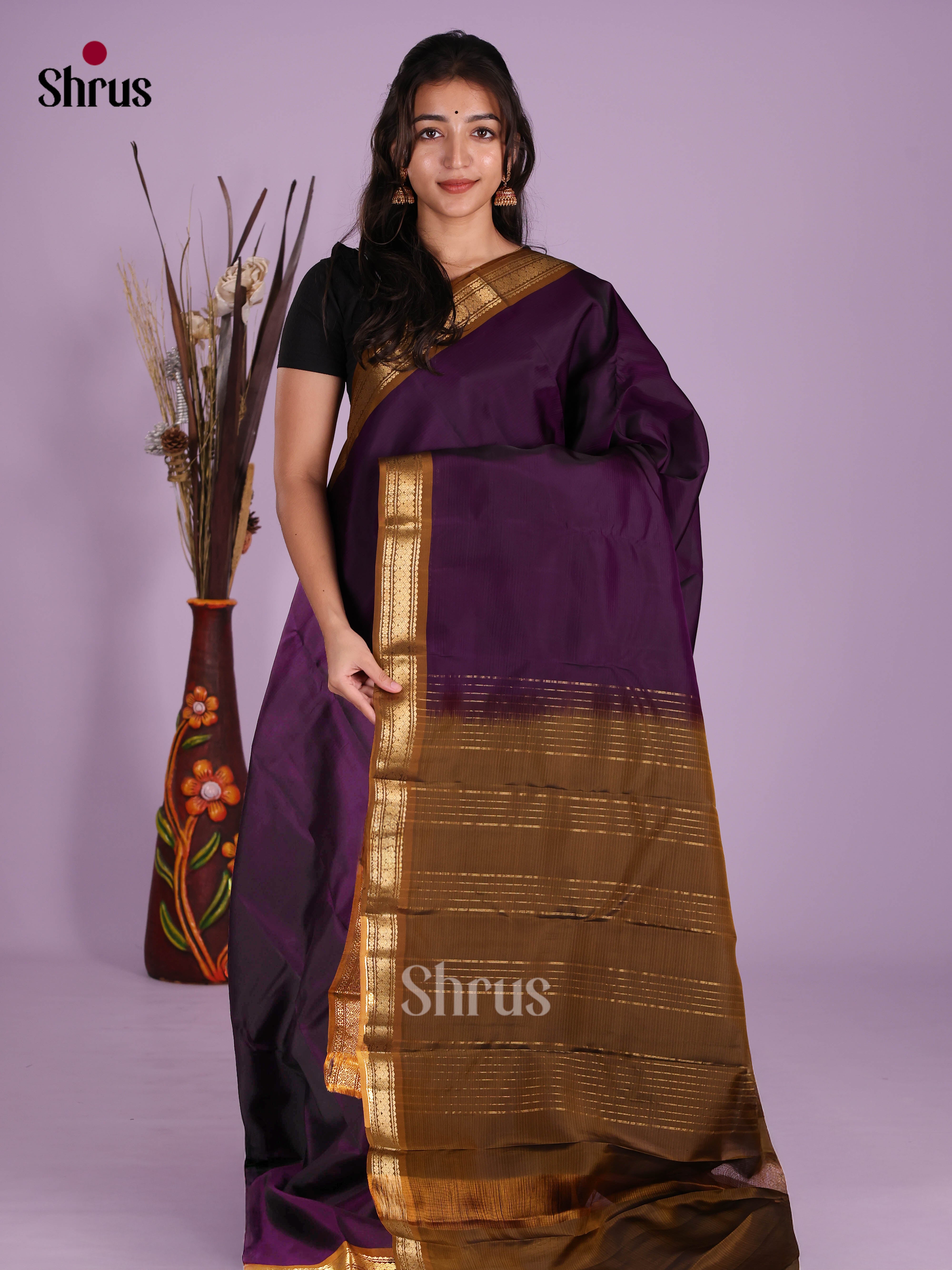 Violet & Brown - Kanchipuram-halfpure Saree
