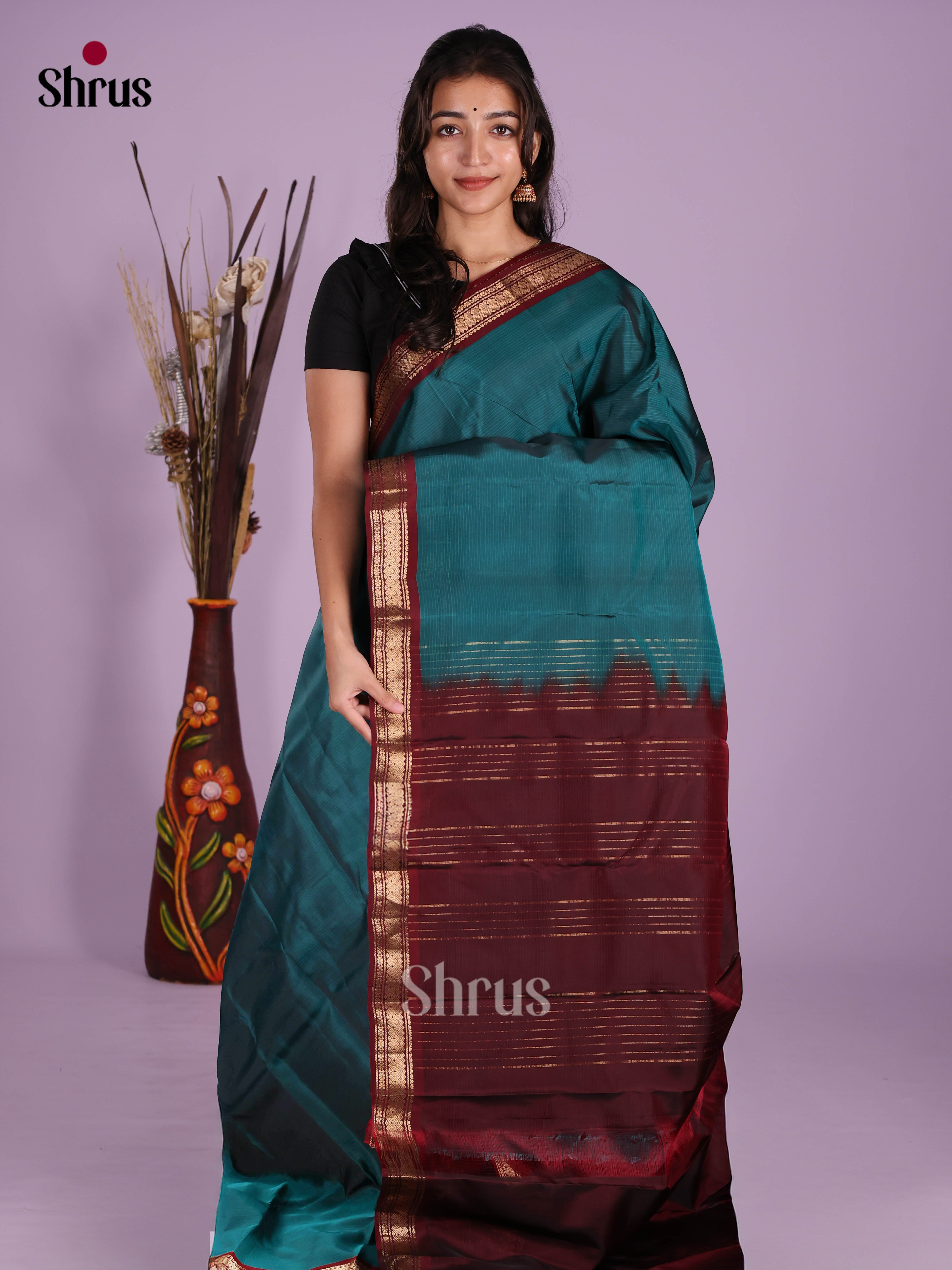 Blue & Maroon - Kanchipuram-halfpure Saree