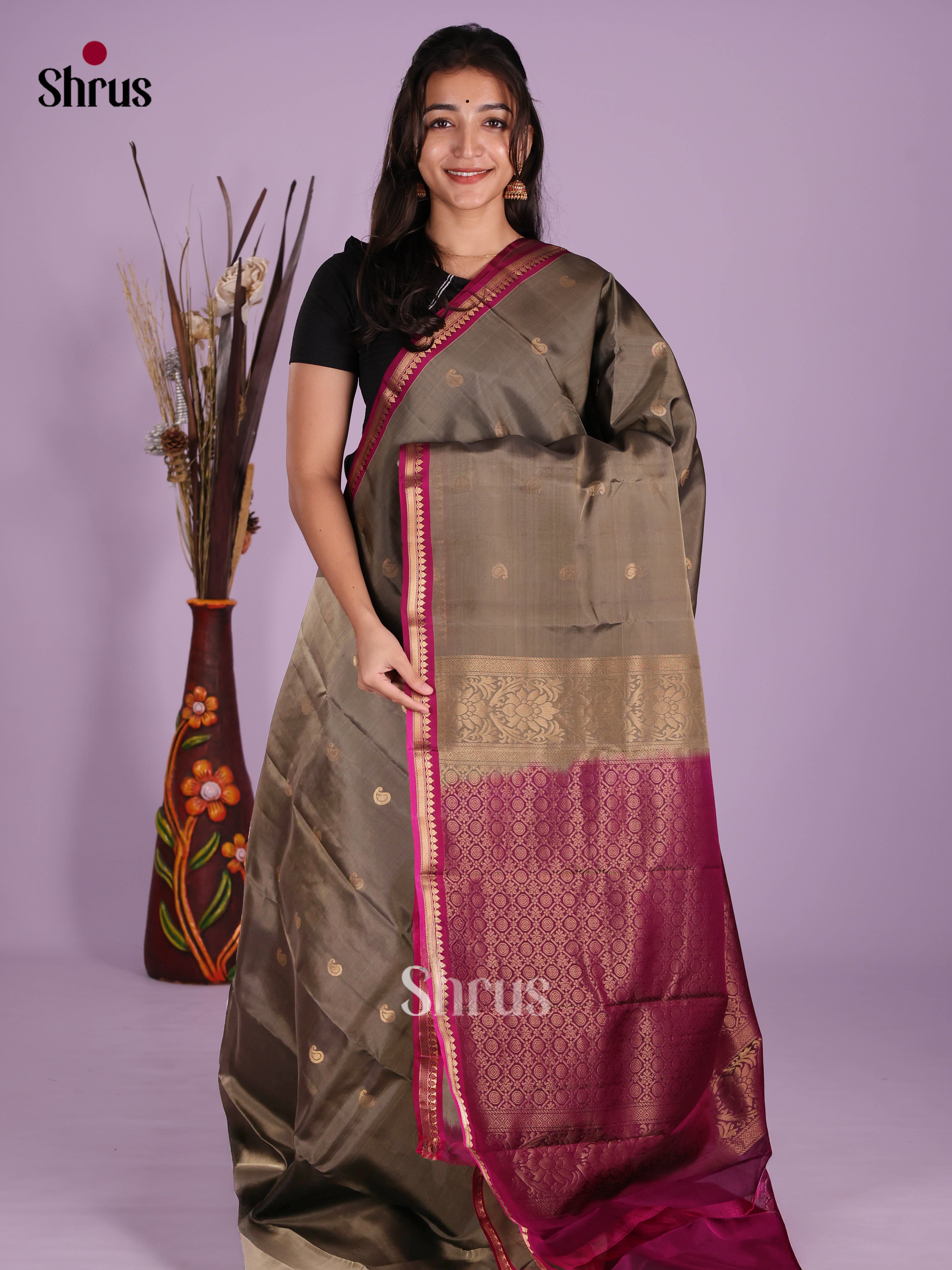 Grey & Purple - Kanchipuram-halfpure Saree - Shop on Shrus.com