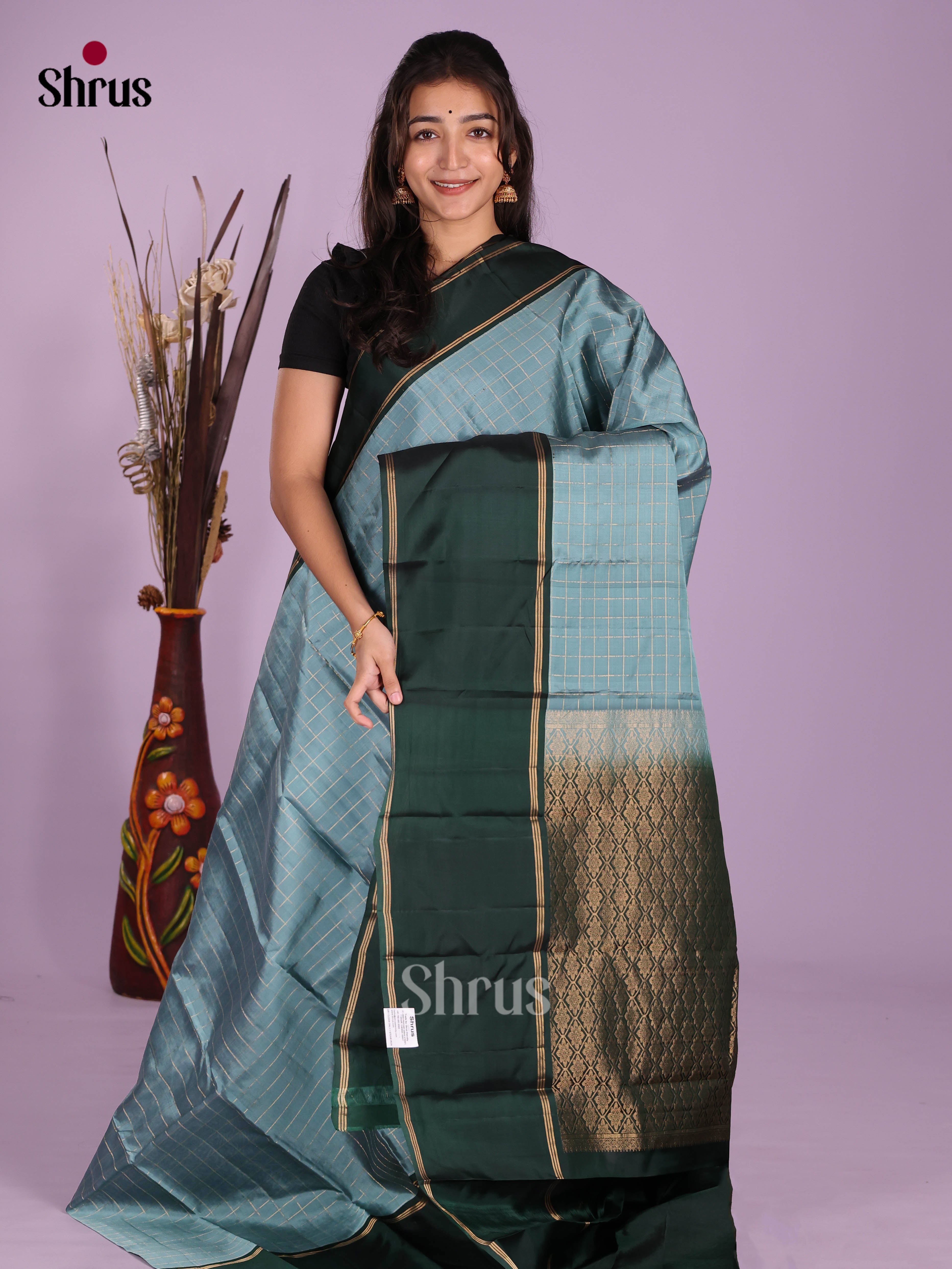 Pastel Blue & Green - Softsilk-halfpure Saree - Shop on Shrus.com