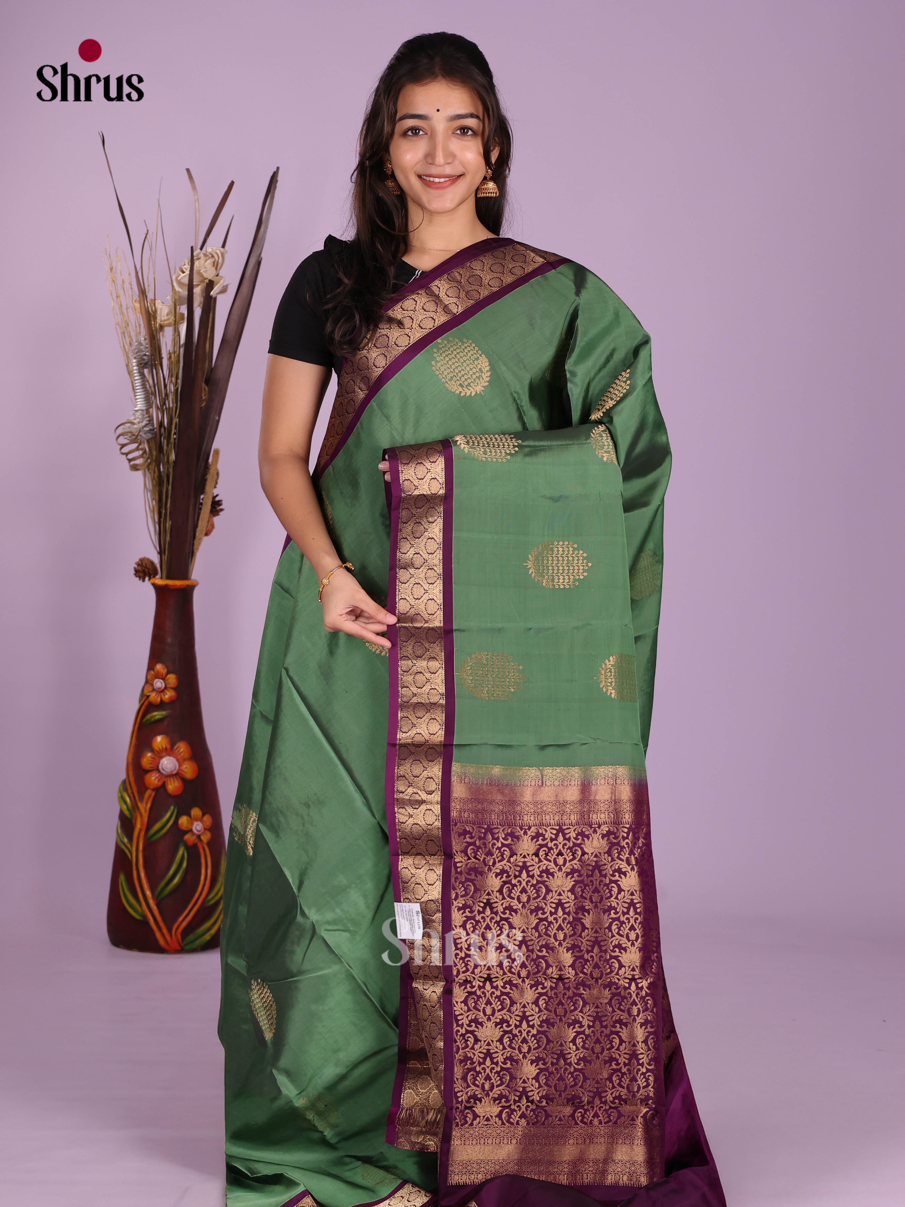 Green & Purple - Kanchipuram-halfpure Saree - Shop on Shrus.com