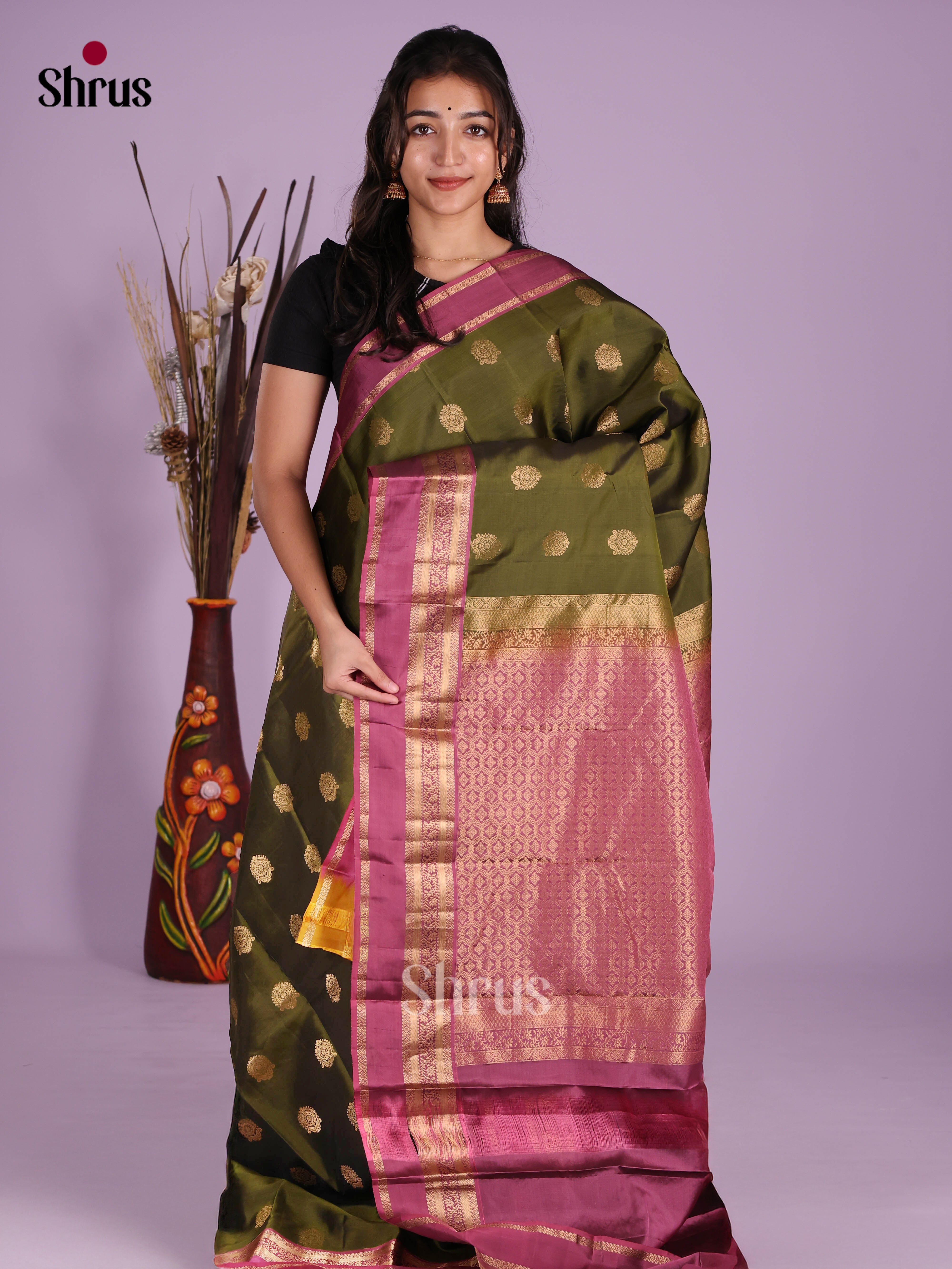 Green & Purple- Kanchipuram-halfpure Saree - Shop on Shrus.com