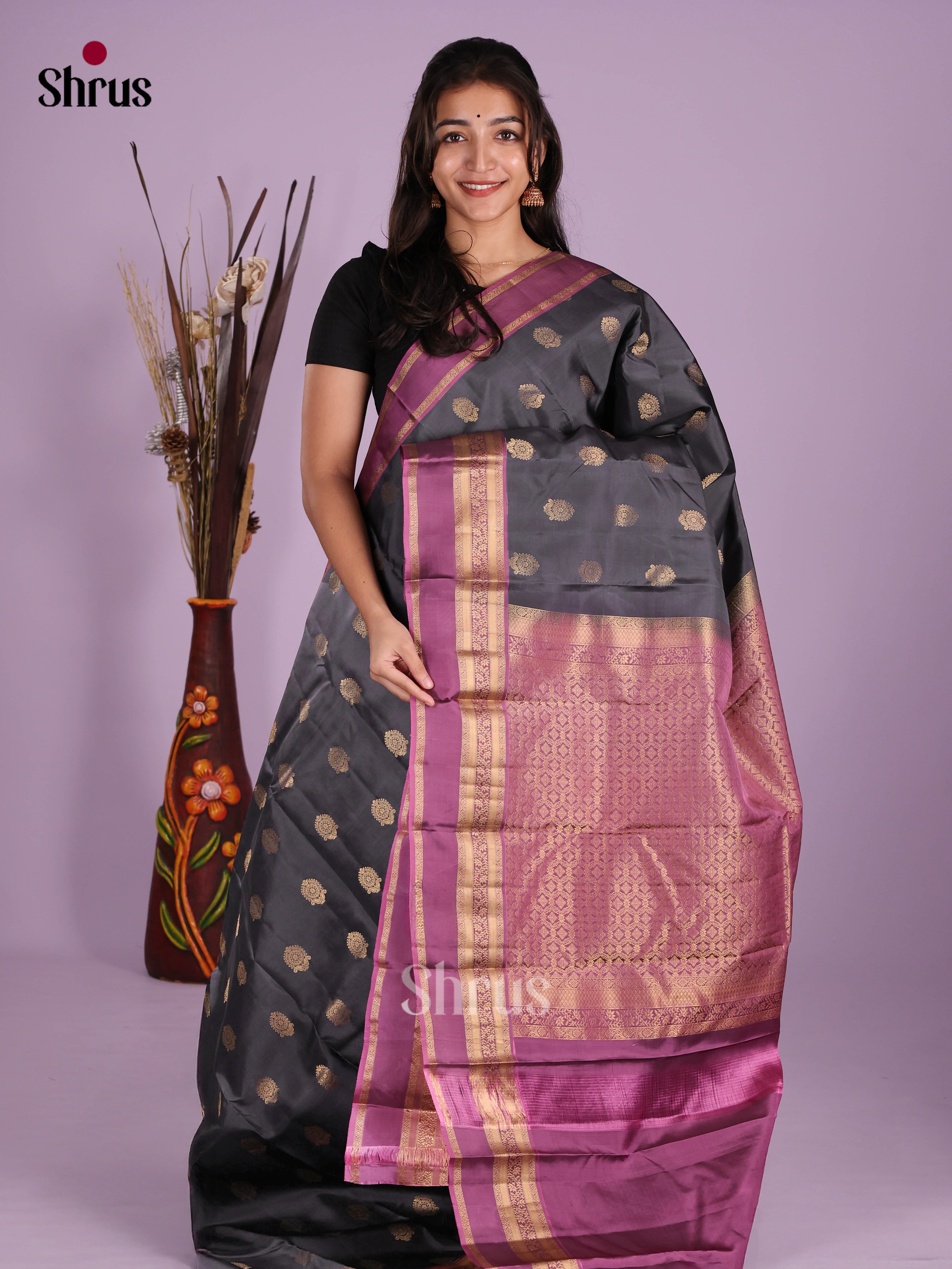 Elephant Grey & Purple - Kanchipuram-halfpure Saree - Shop on Shrus.com