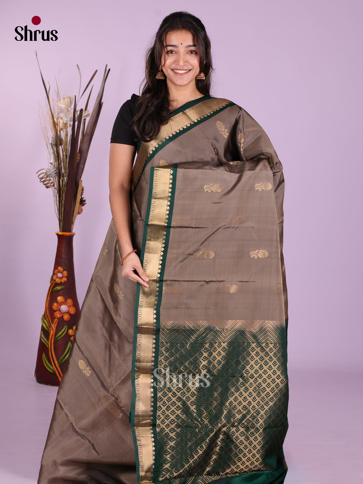 Grey & Green - Kanchipuram-halfpure Saree - Shop on Shrus.com