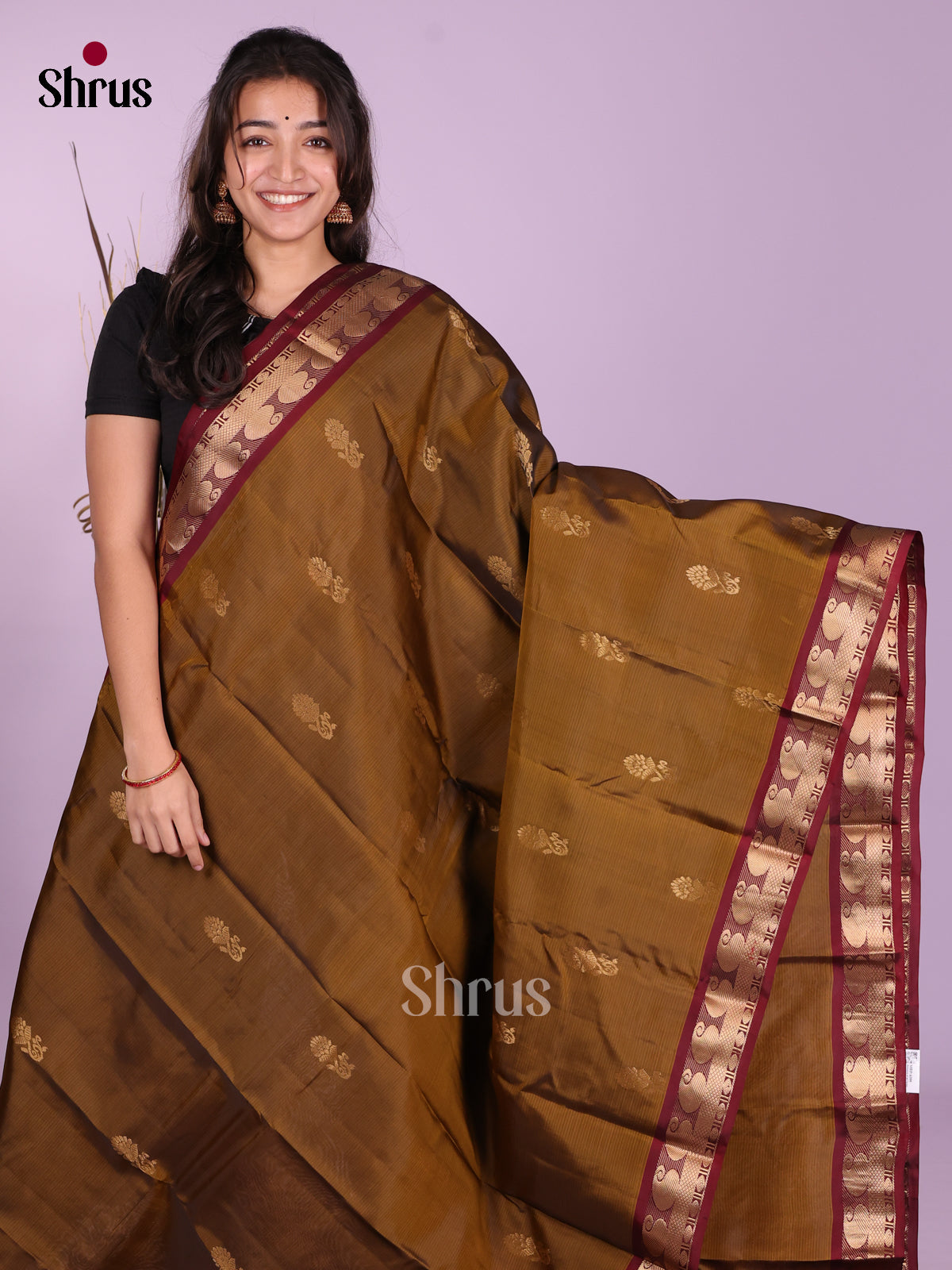 Mehandi & Maroon- Kanchipuram-halfpure Saree - Shop on Shrus.com