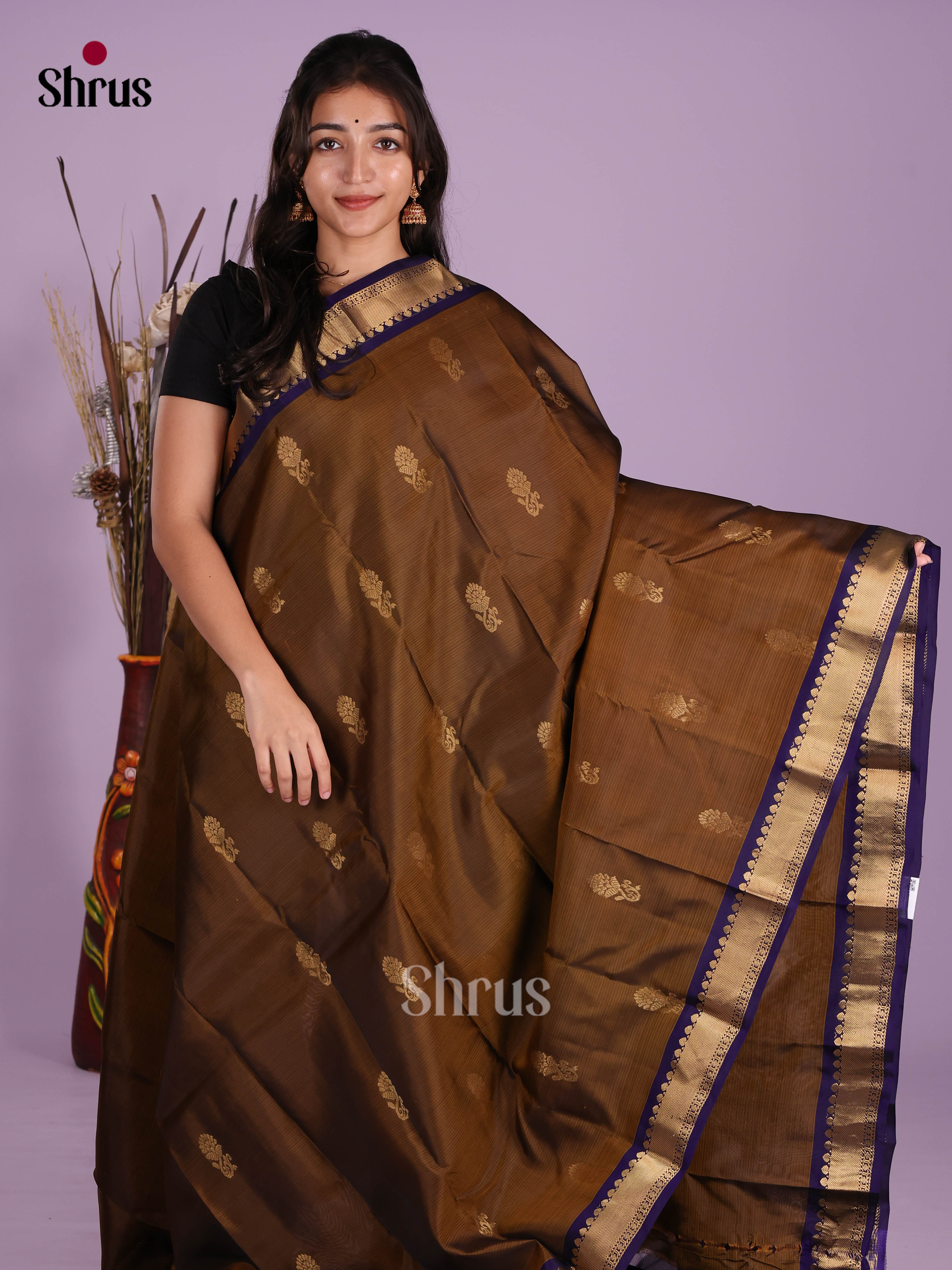 Mehandi & Blue - Kanchipuram-halfpure Saree - Shop on Shrus.com