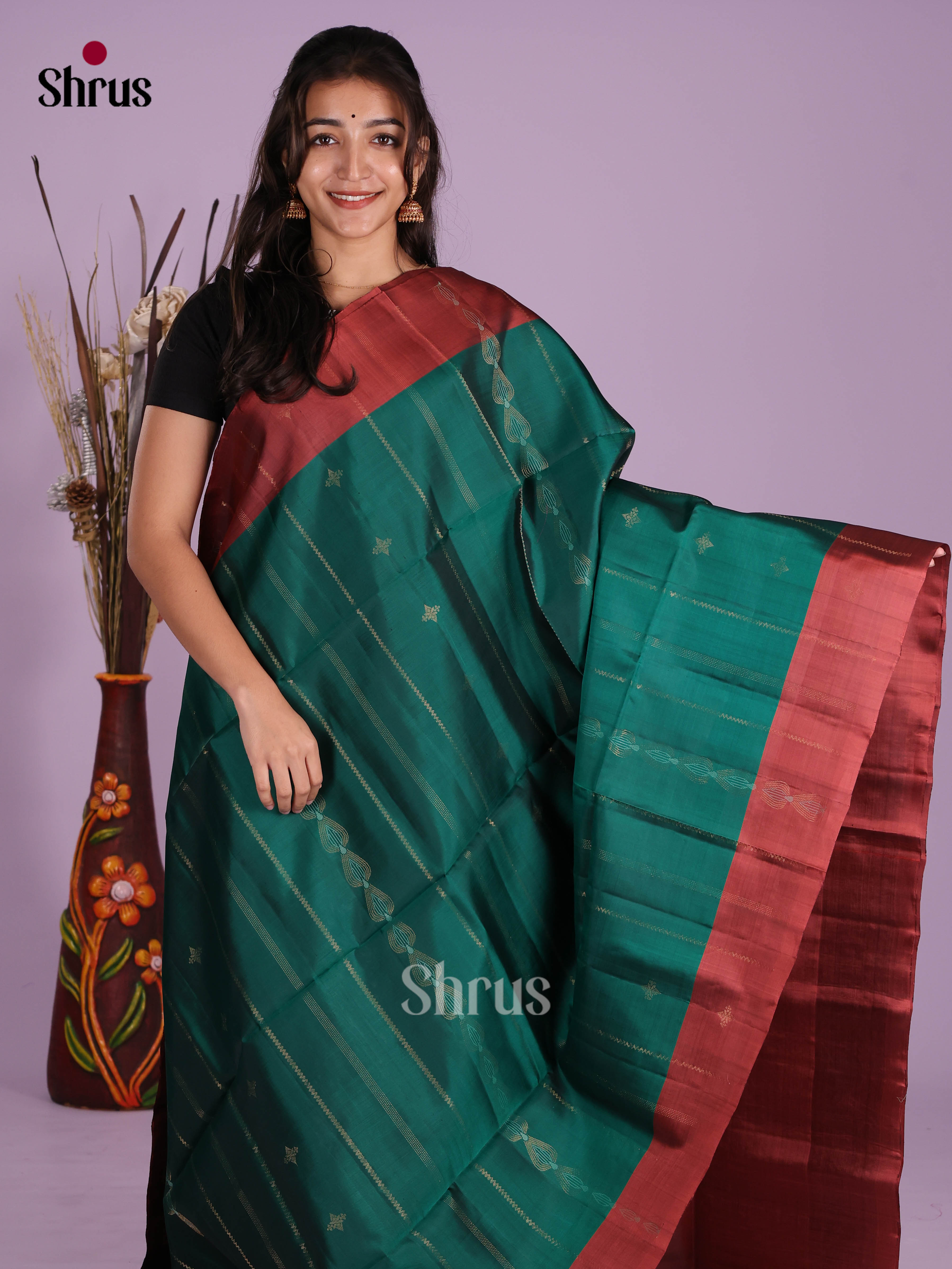 Green & Maroon - Softsilk-halfpure Saree