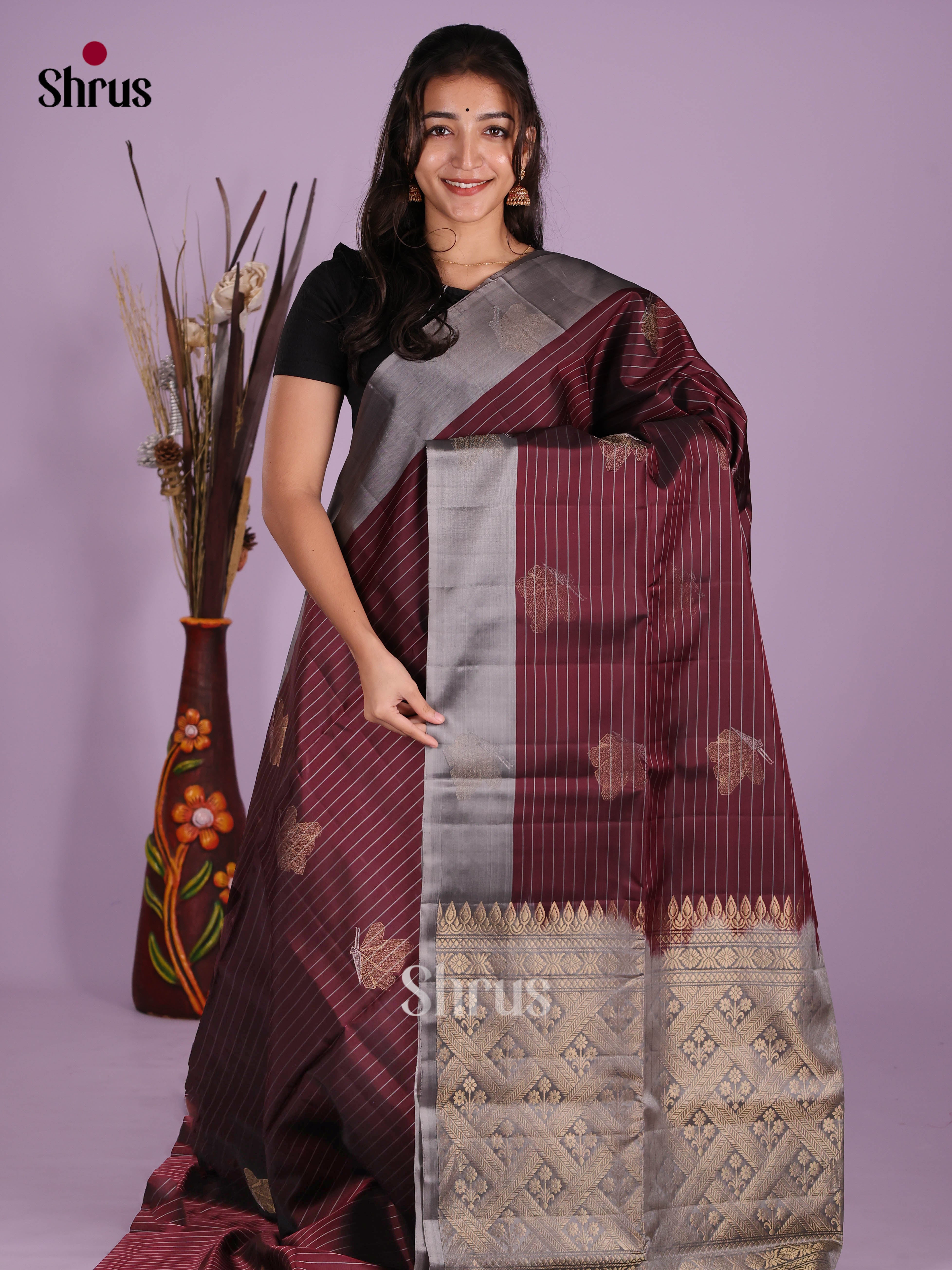 Maroon & Grey- Softsilk-halfpure Saree