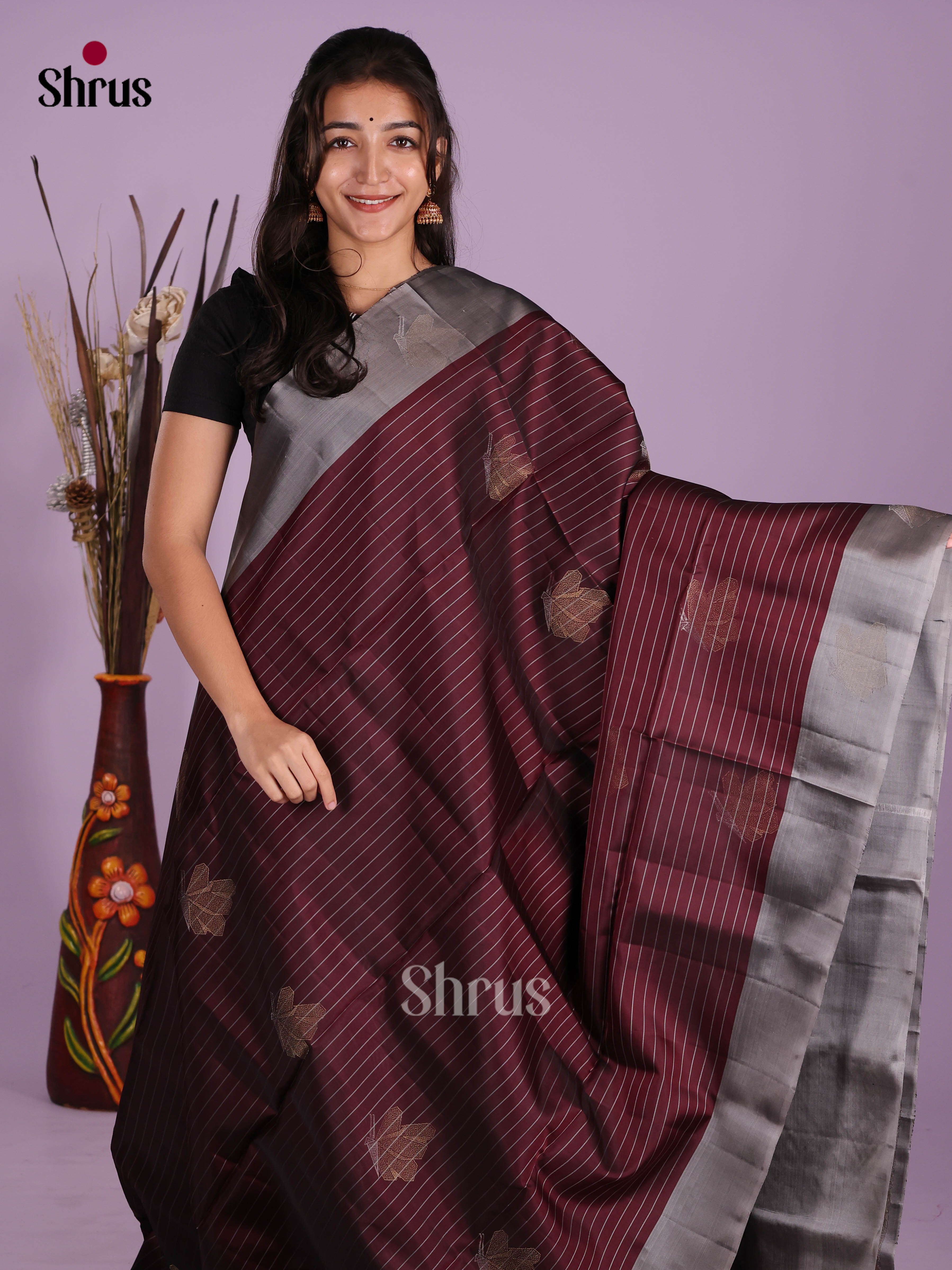 Maroon & Grey- Softsilk-halfpure Saree