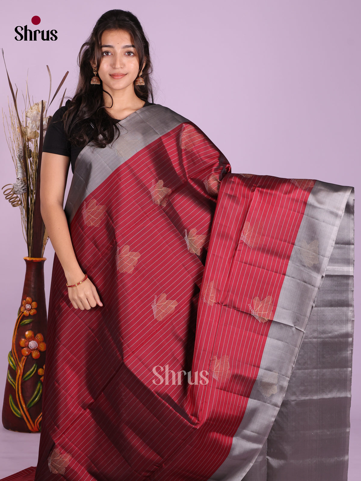 Maroon & Grey - Softsilk-halfpure Saree - Shop on Shrus.com