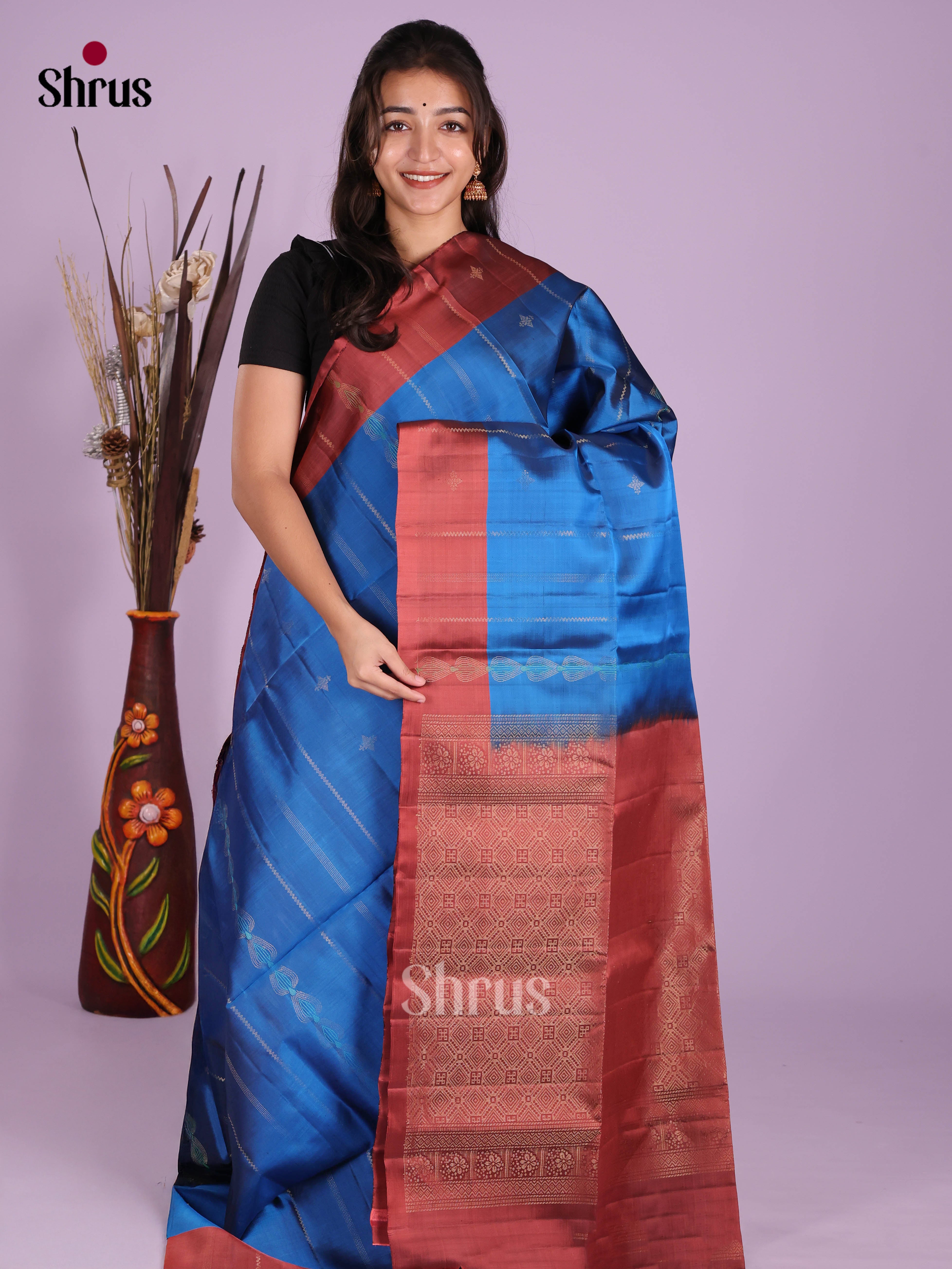 Blue & Maroon- Softsilk-halfpure Saree