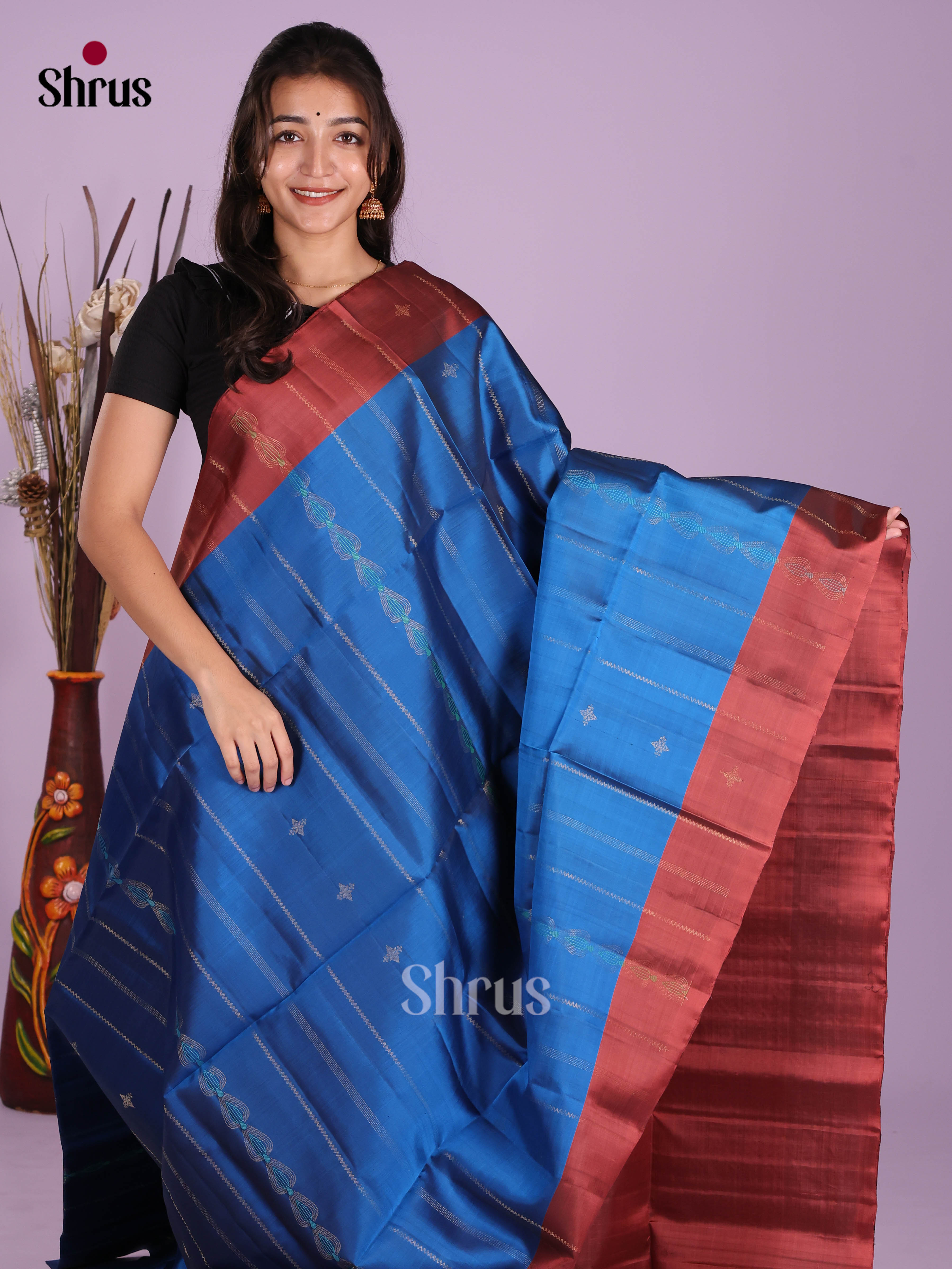 Blue & Maroon- Softsilk-halfpure Saree