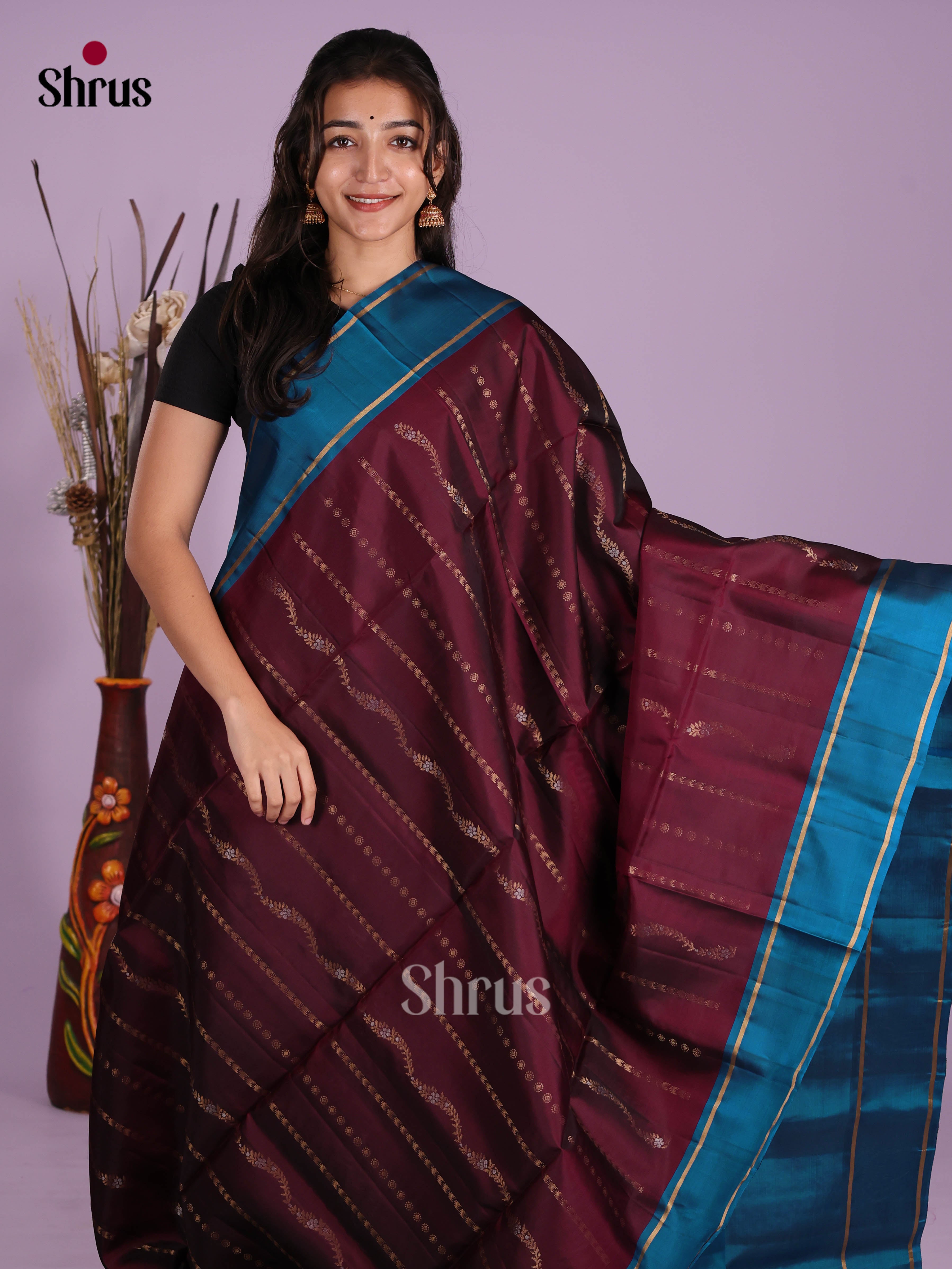 Maroon & Blue - Softsilk-halfpure Saree