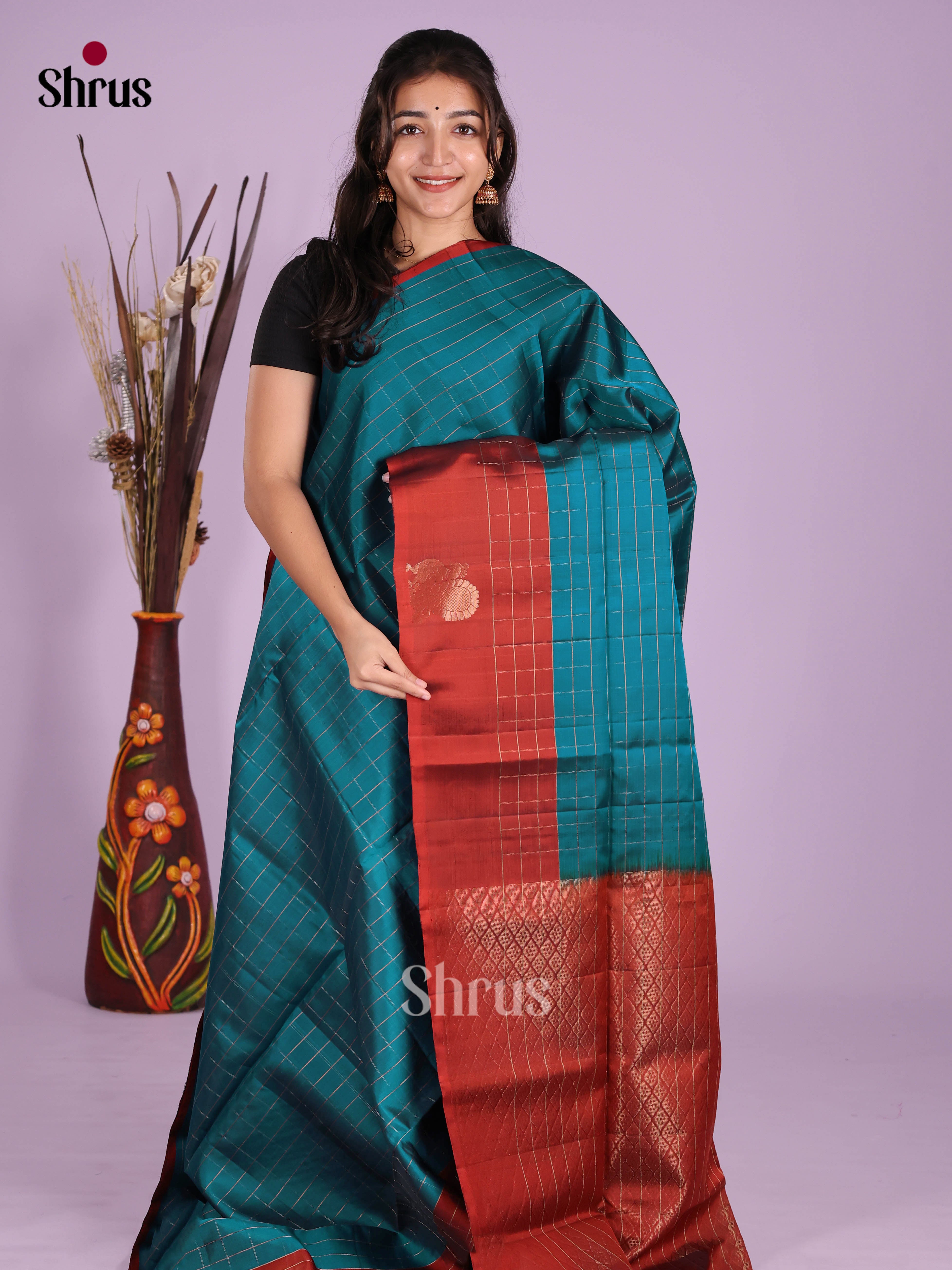 Blue & Red- Softsilk-halfpure Saree