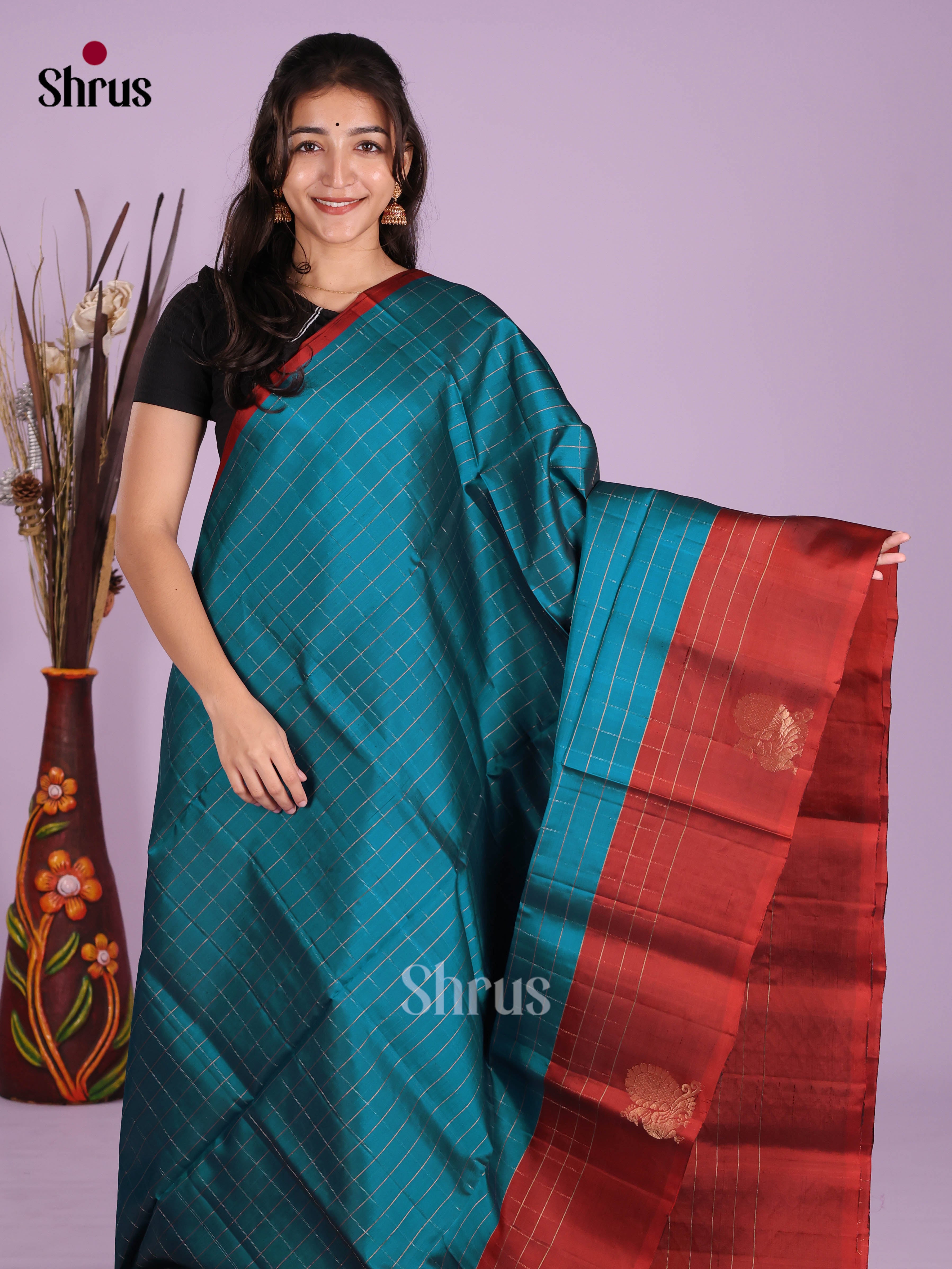 Blue & Red- Softsilk-halfpure Saree