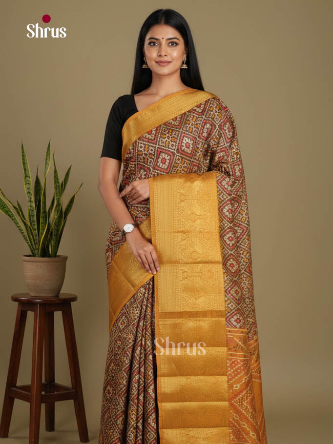 Brown & Mustard- Semi Patola Saree