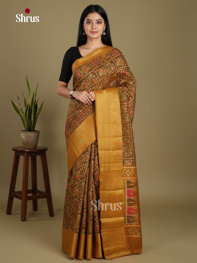 Brown & Mustard- Semi Patola Saree