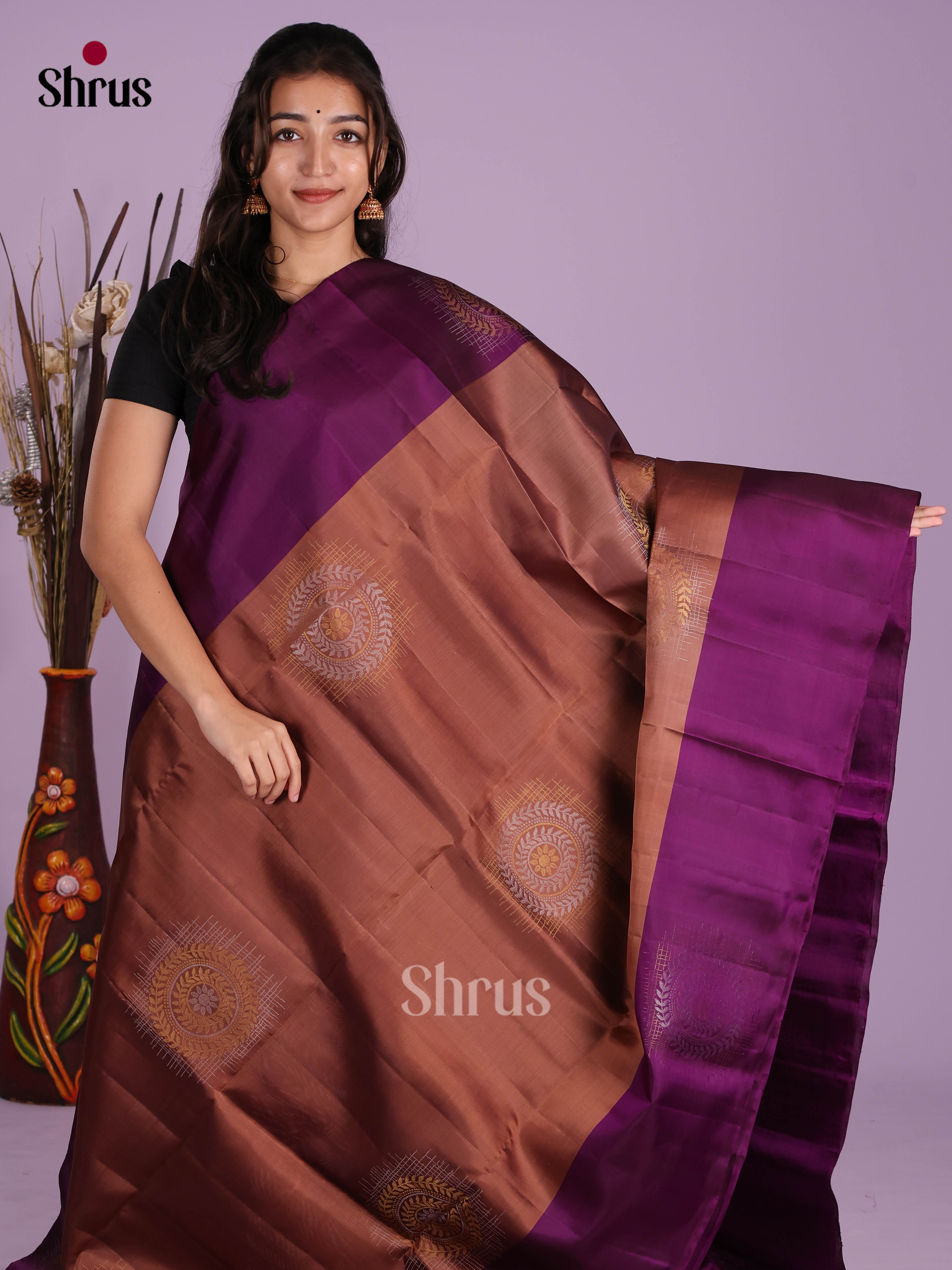 Vivacious Brown & Purple Soft Silk Saree with gold, silver zari floral motifs