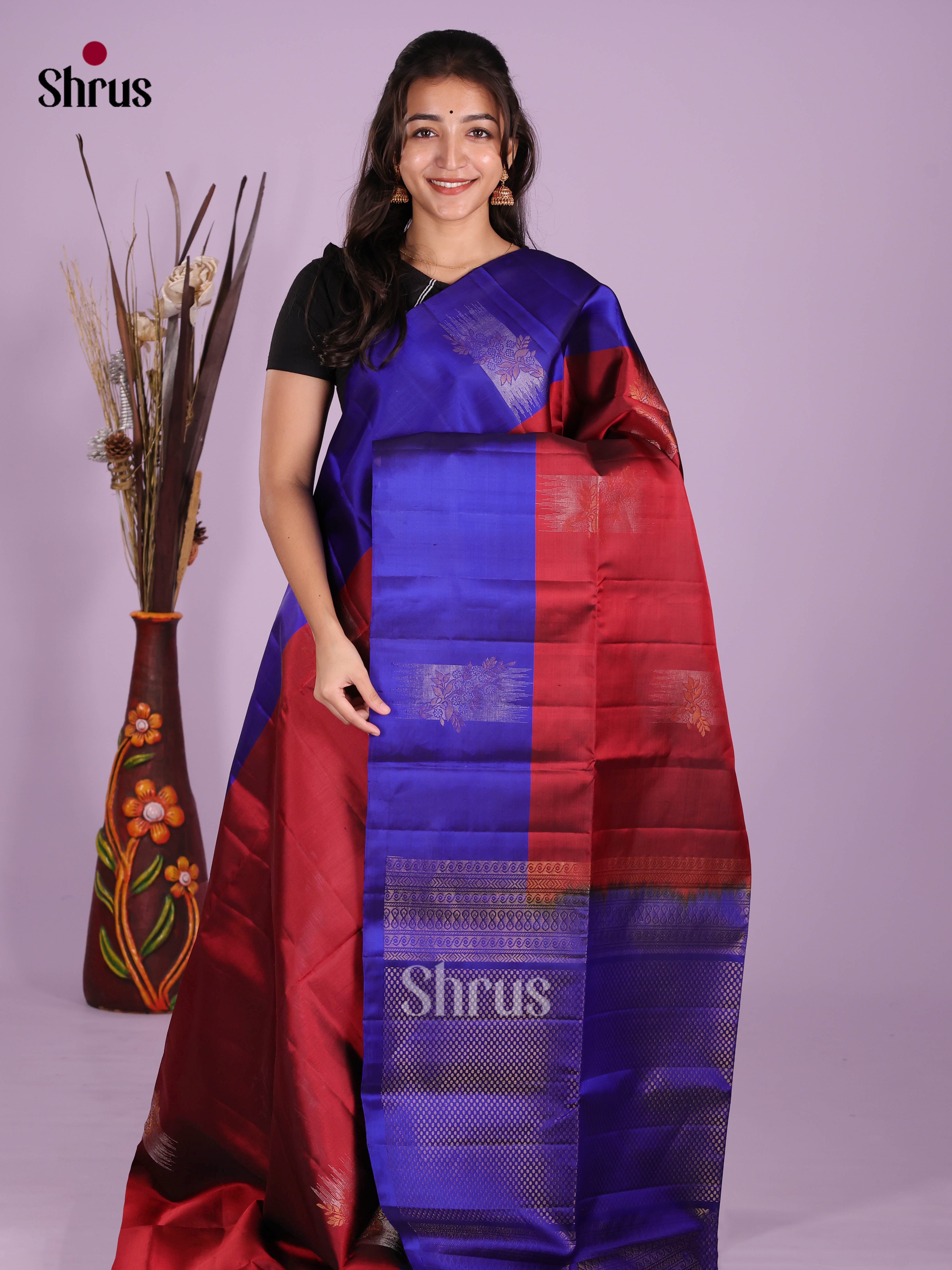 Classic Maroon & Blue Soft Silk Saree with gold , silver zari motifs