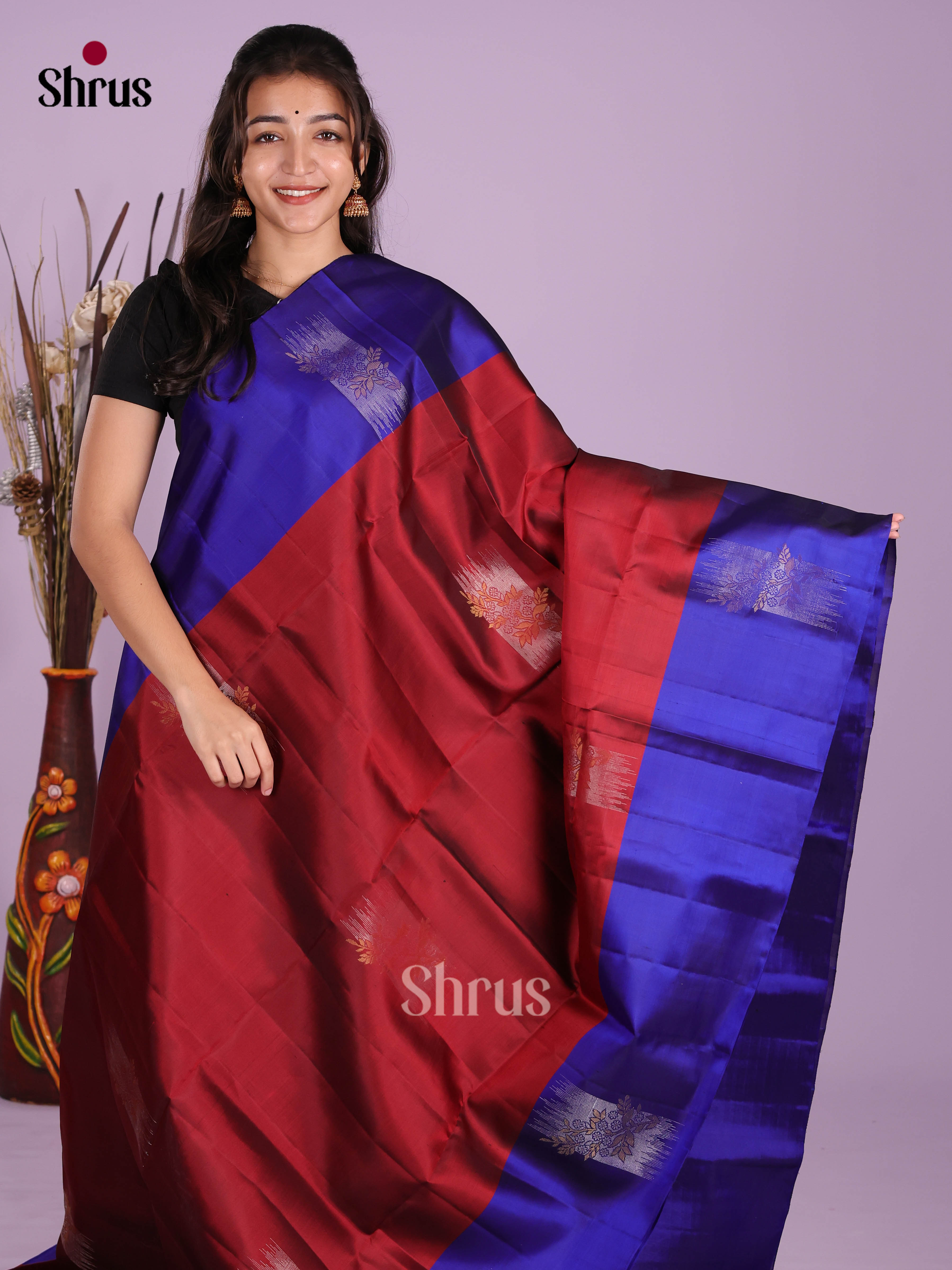 Classic Maroon & Blue Soft Silk Saree with gold , silver zari motifs