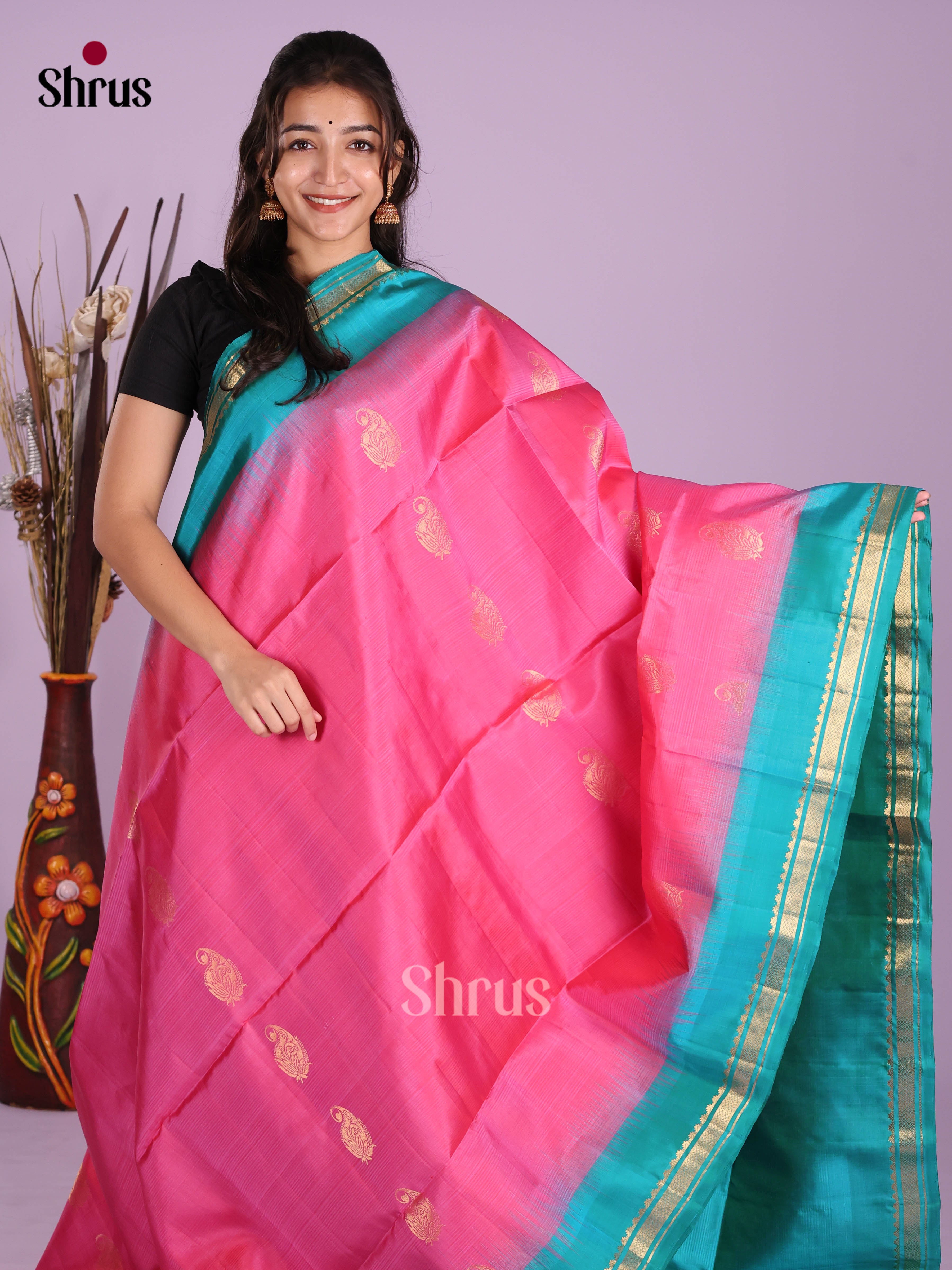 Charming Pink & Teal Soft Silk Saree gleams  zari buttas & Brocade pallu
