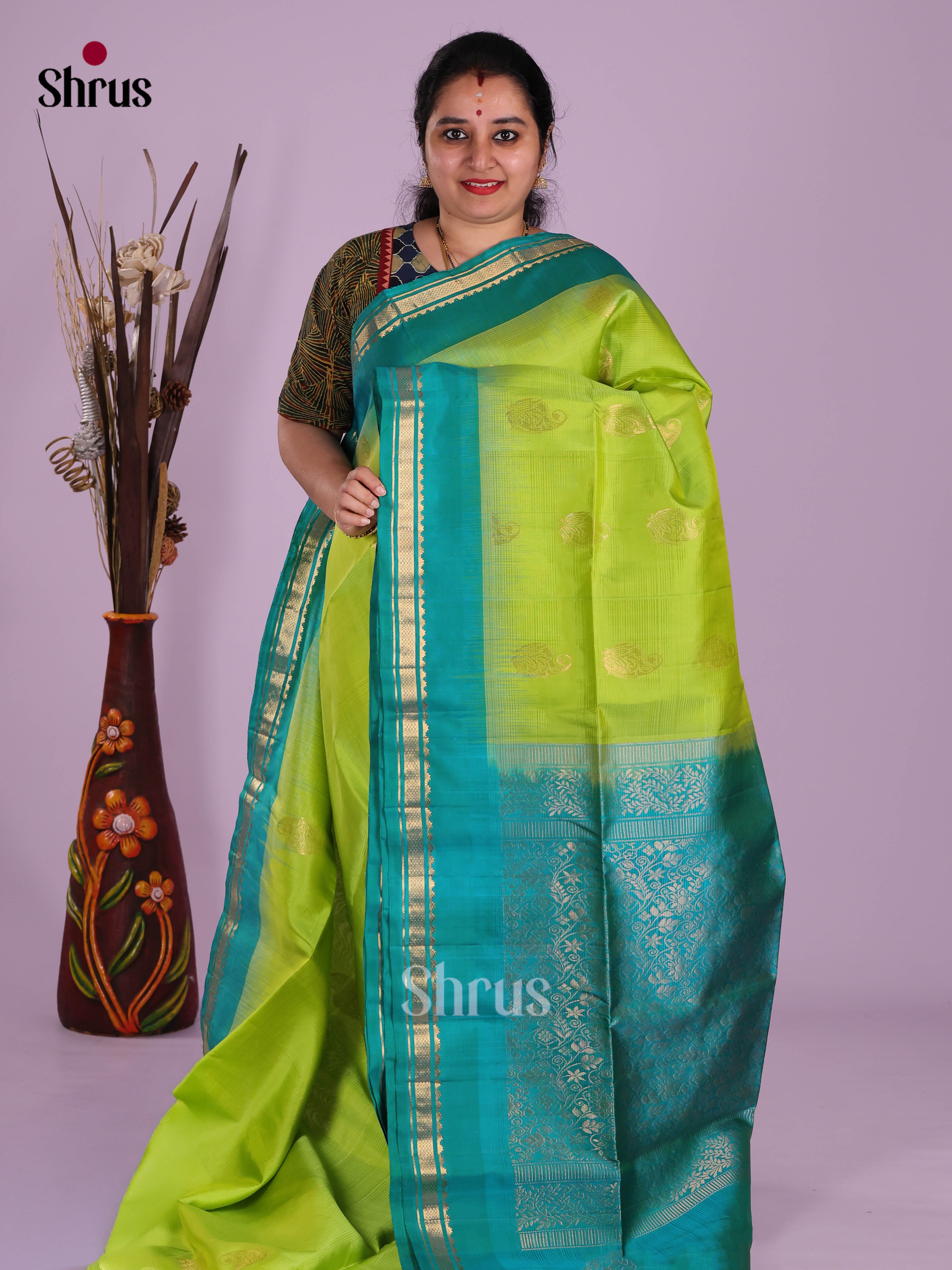 Lustrous Light Green Soft Silk  Saree withzari buttas & brocade pallu - Shop on Shrus.com