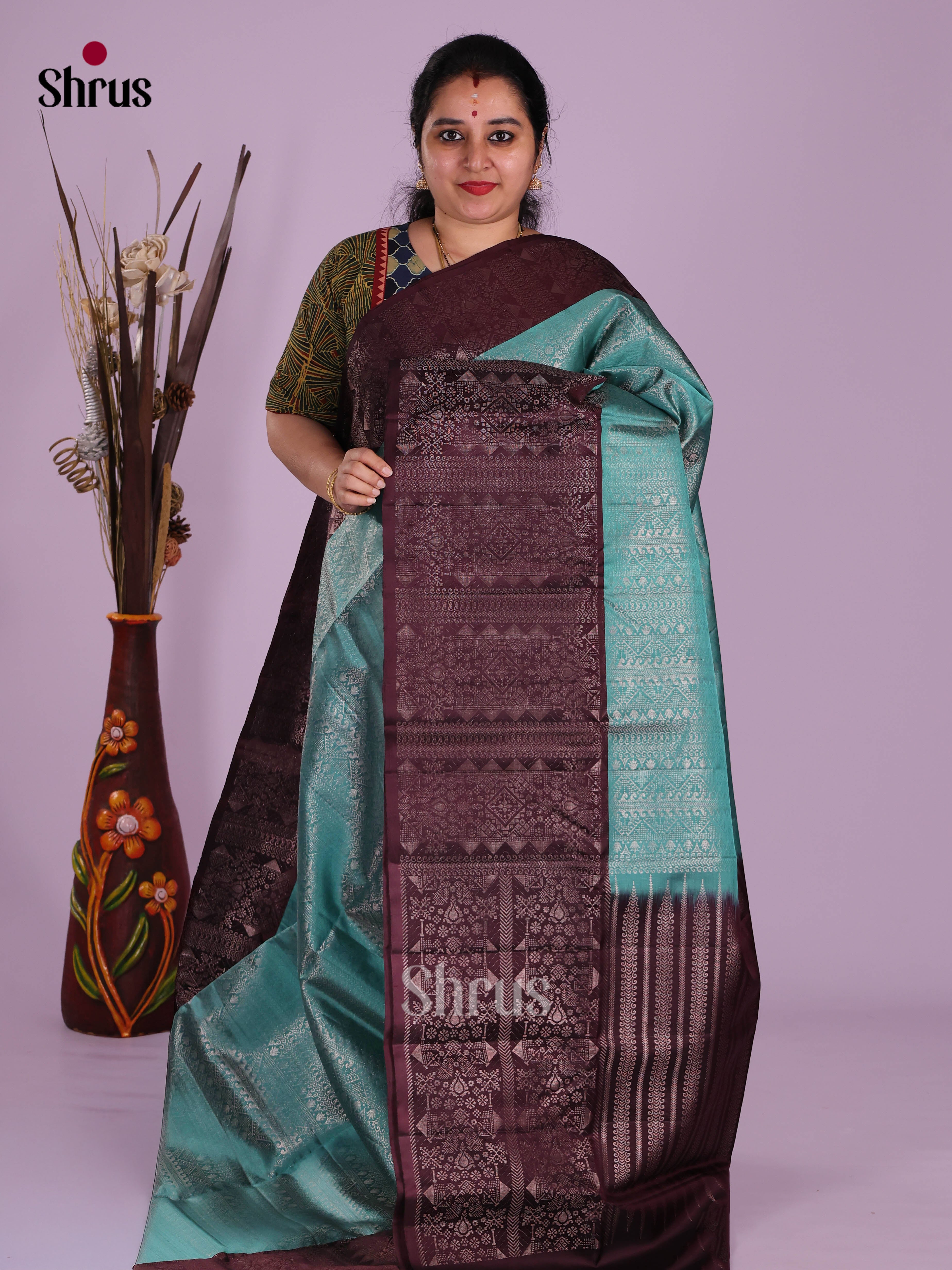 Regal Pastel Blue Soft Silk Saree with Zari Brocade Body & Broad Brown Border