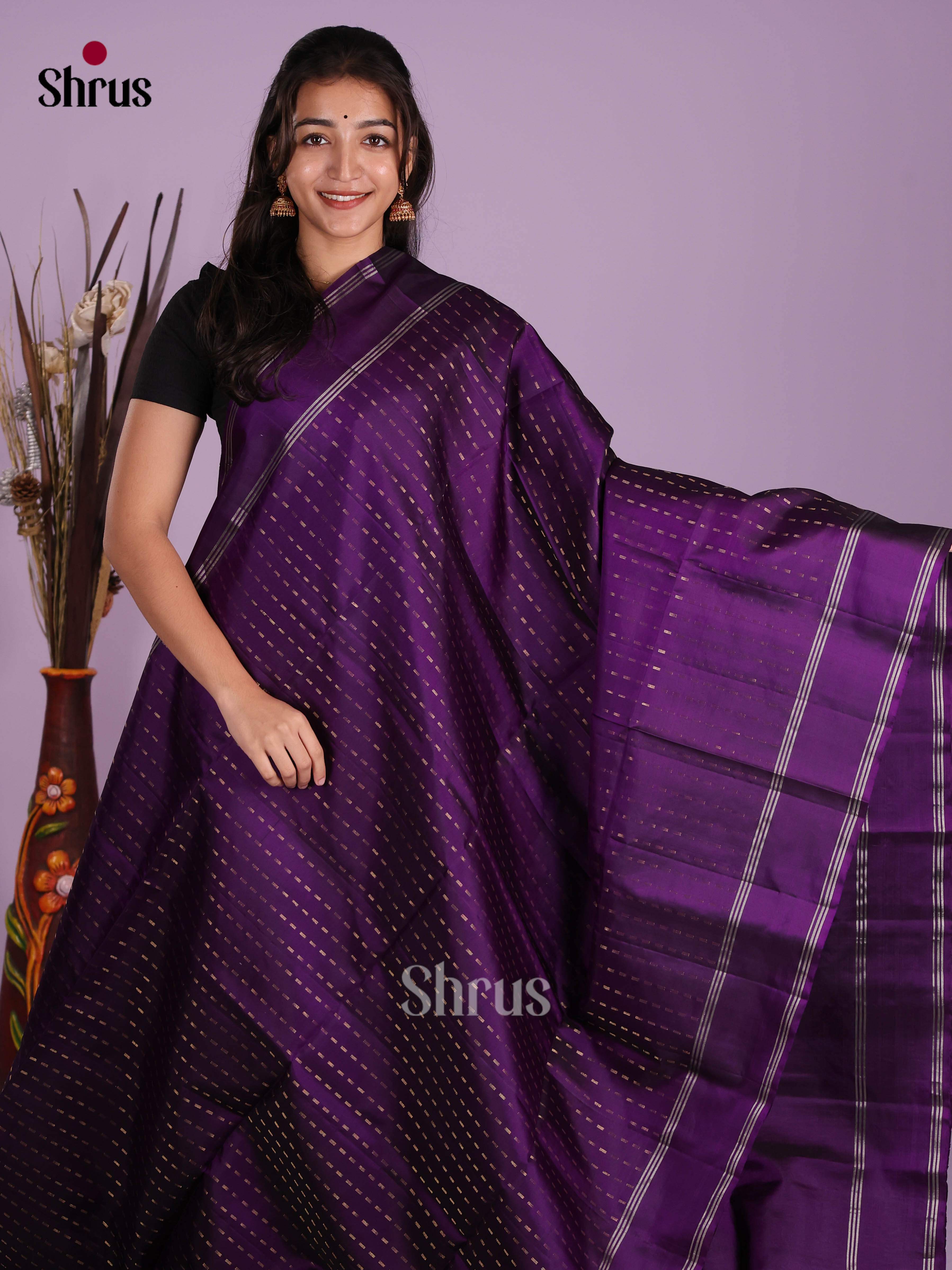 Dazzling Violet Soft Silk Saree gleams with zari stripes & brocade pallu