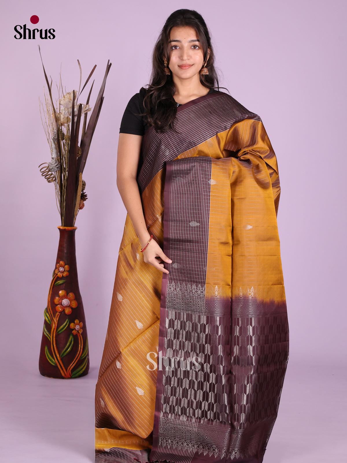 Mustard & Maroon- Softsilk-halfpure Saree