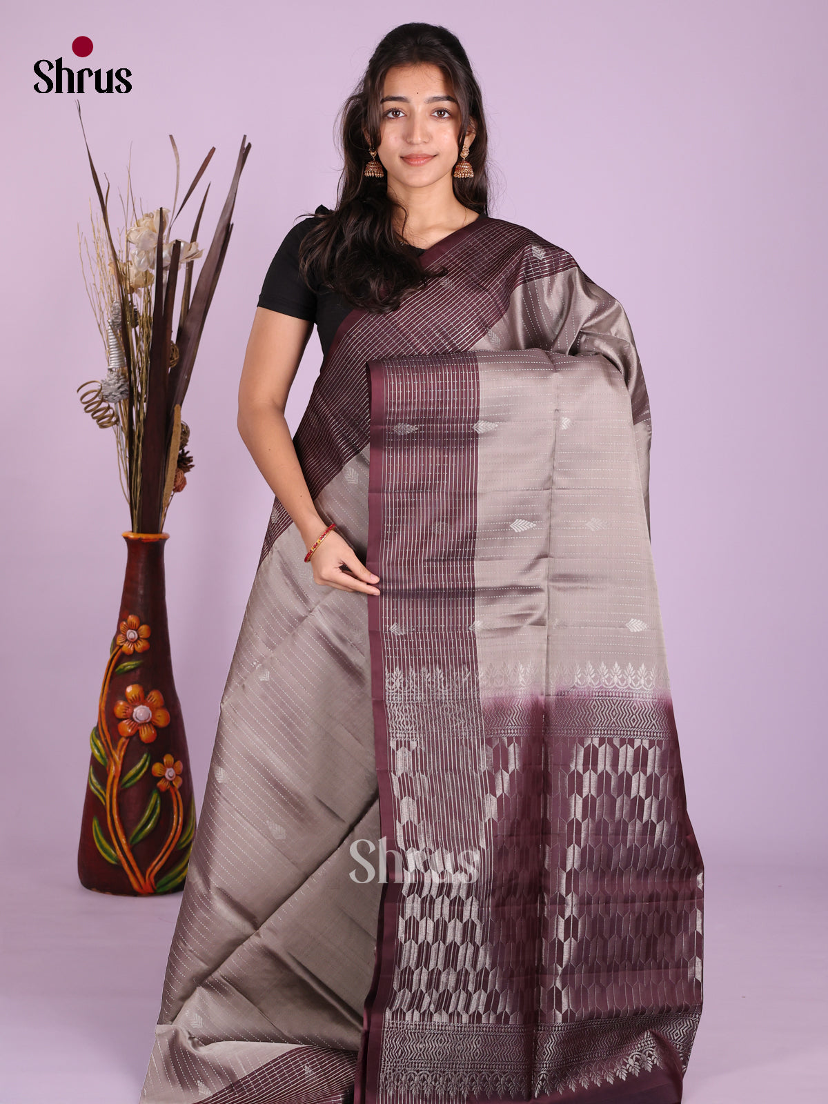 Grey & Maroon- Softsilk-halfpure Saree - Shop on Shrus.com