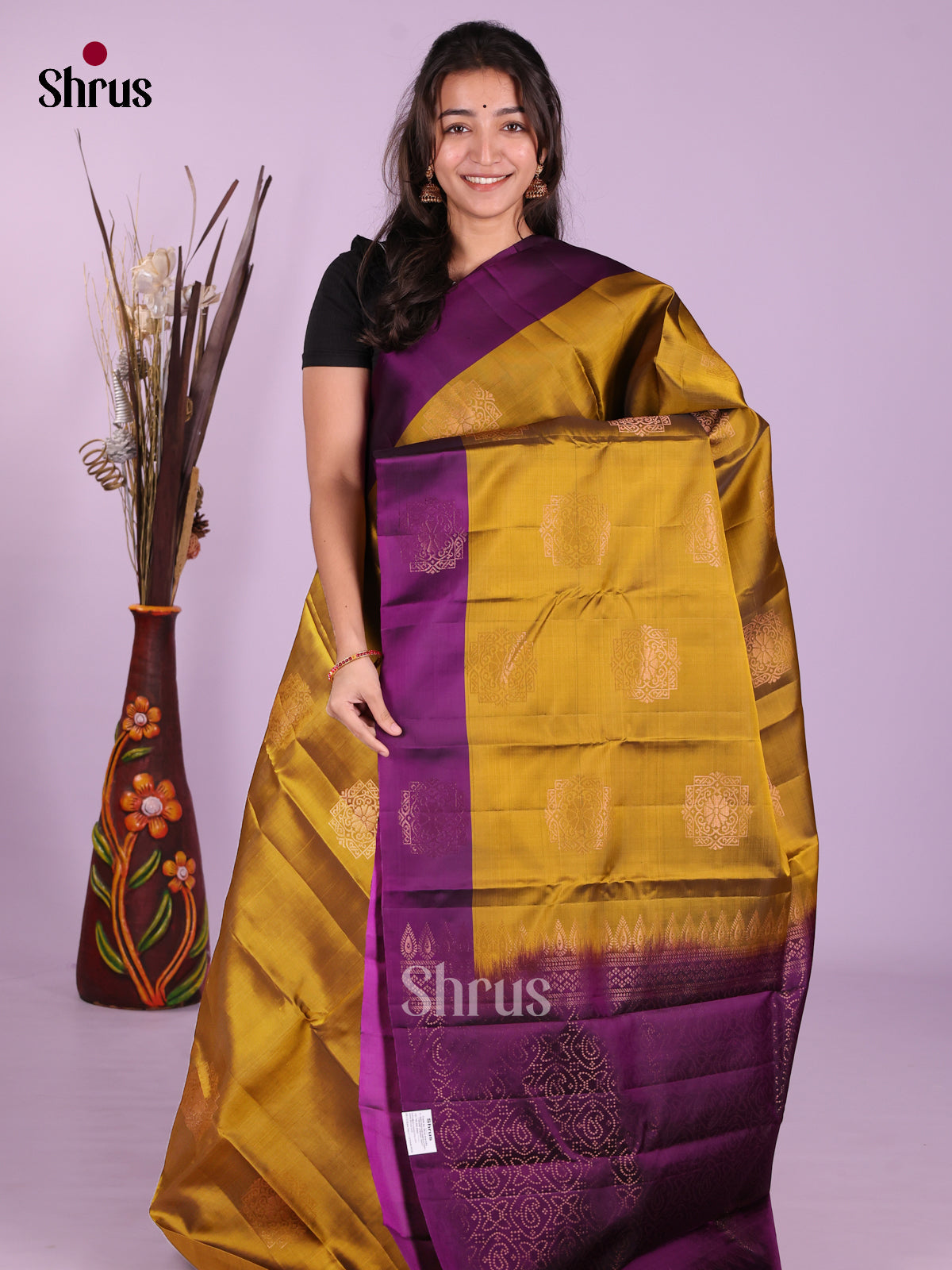 Mustardy Green & Violet- Softsilk-halfpure Saree - Shop on Shrus.com