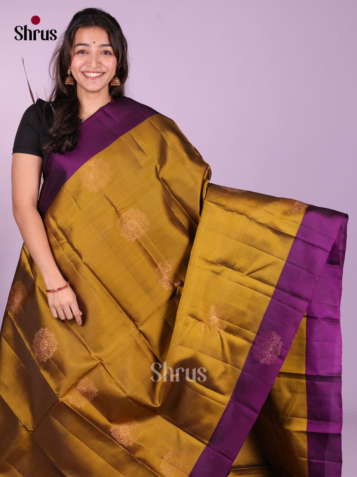 Mustardy Green & Violet- Softsilk-halfpure Saree - Shop on Shrus.com