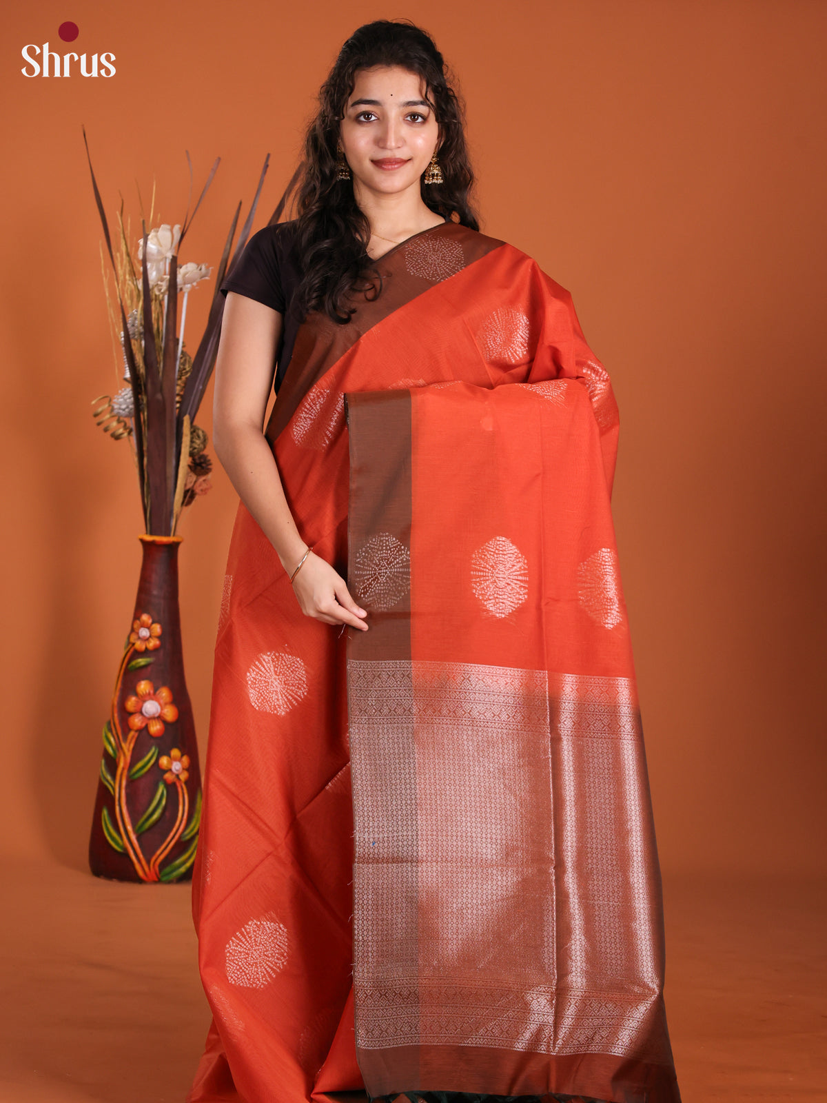 Orange & Brown - Semi Silkcotton Saree -DKS11319